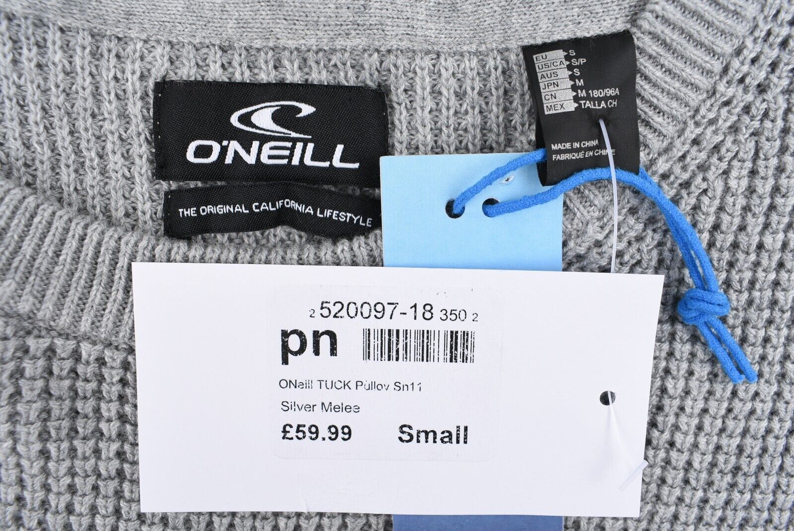 O'NEILL Men's TUCK Pullover Jumper, 100% Cotton Knit, Silver Grey, size SMALL