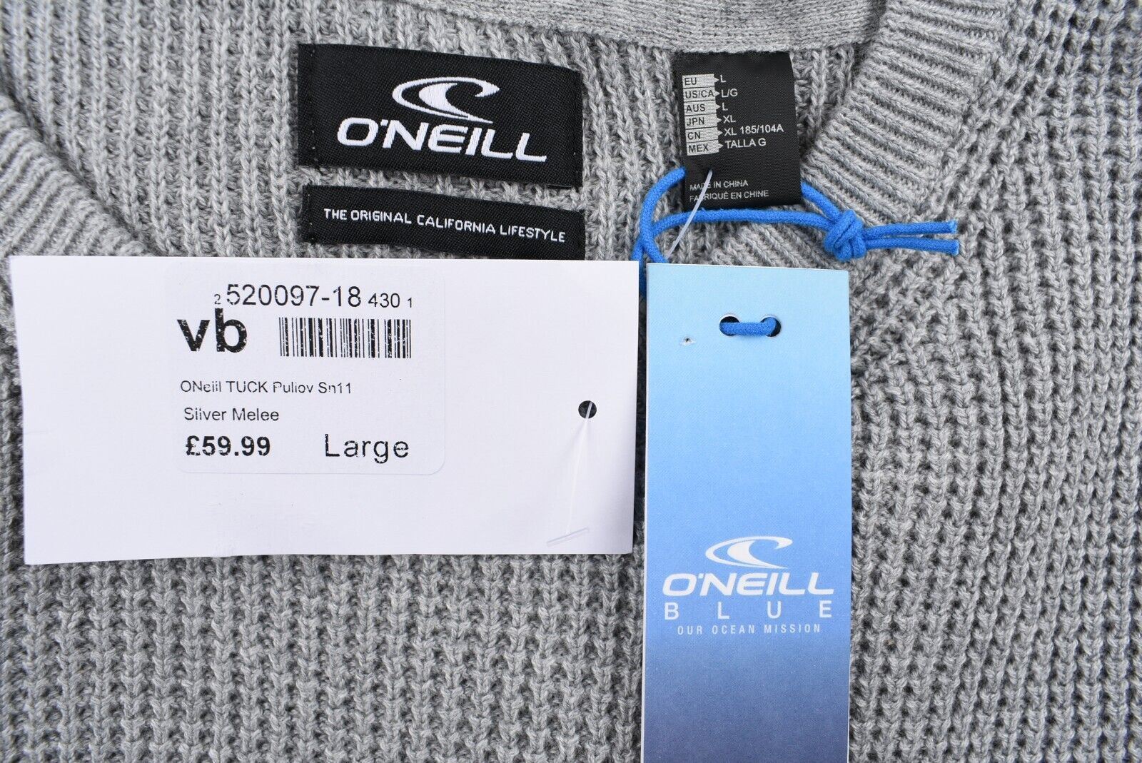 O'NEILL Men's TUCK Pullover Jumper, 100% Cotton Knit, Silver Grey, size LARGE