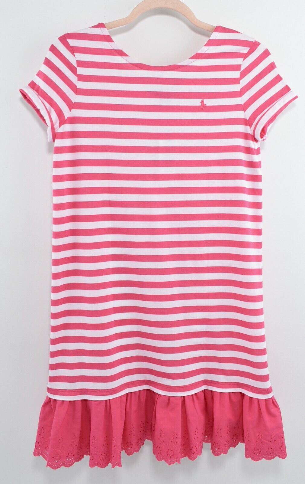 POLO RALPH LAUREN Girls' Pink Striped T-shirt Dress, Ruffle Hem, size 16 years