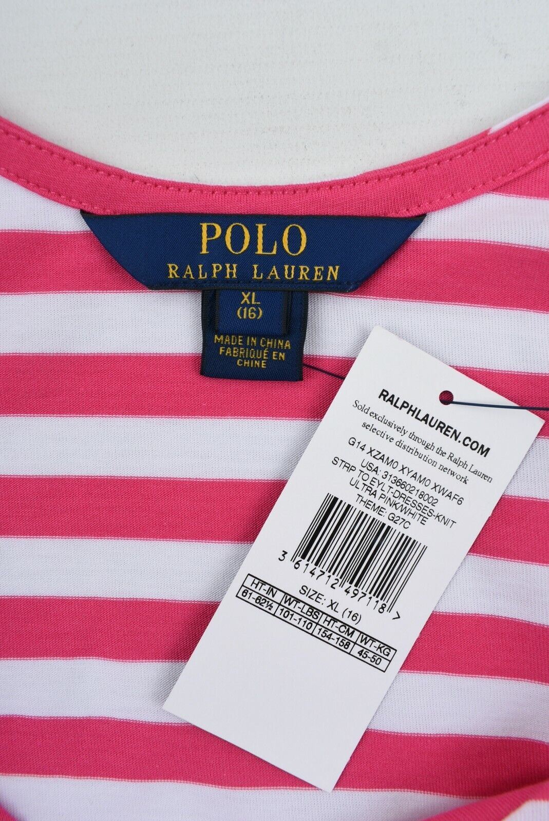 POLO RALPH LAUREN Girls' Pink Striped T-shirt Dress, Ruffle Hem, size 16 years