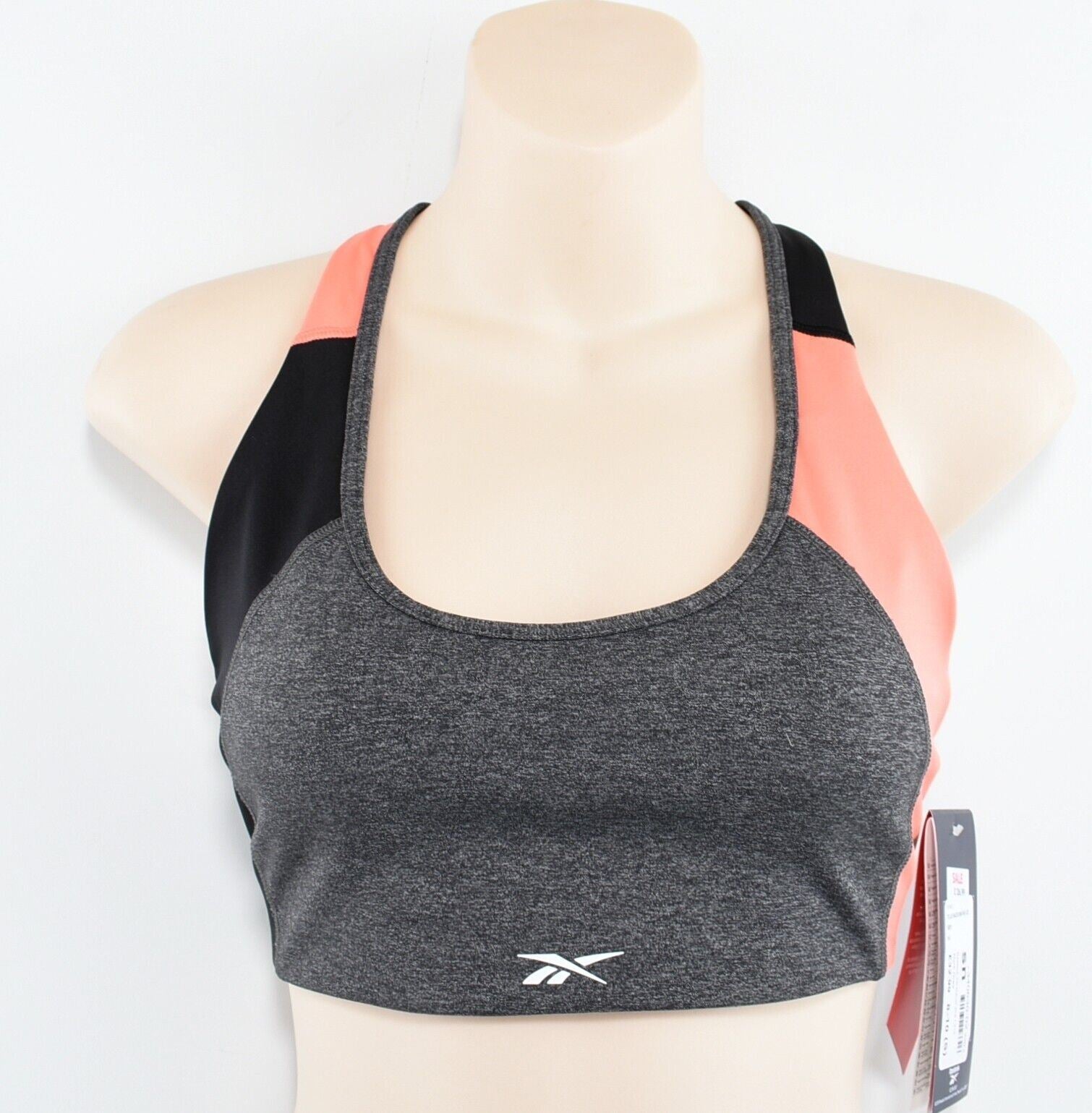 REEBOK Women's TECH STYLE LUX Sports Bra, Dark Grey/Coral, size L (UK 16-18)