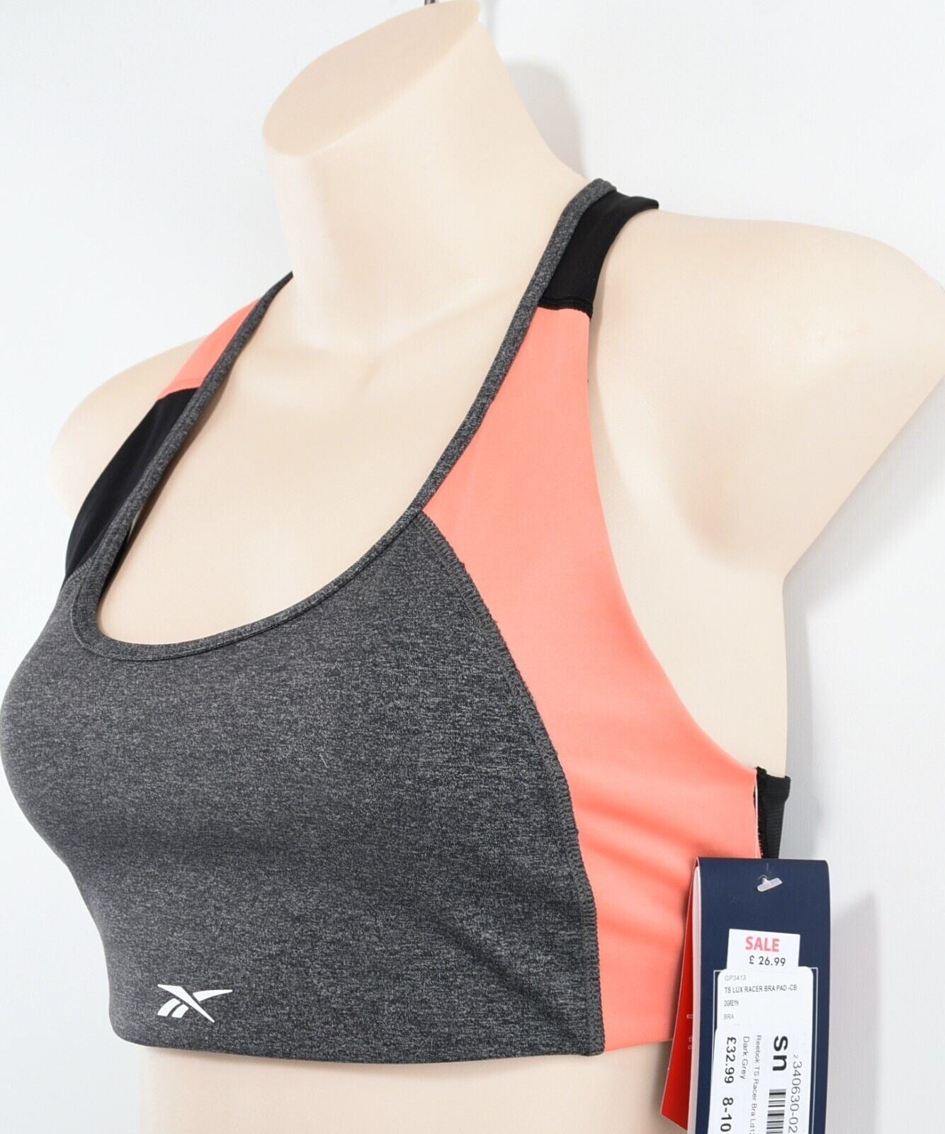 REEBOK Women's TECH STYLE LUX Sports Bra, Dark Grey/Coral, size L (UK 16-18)