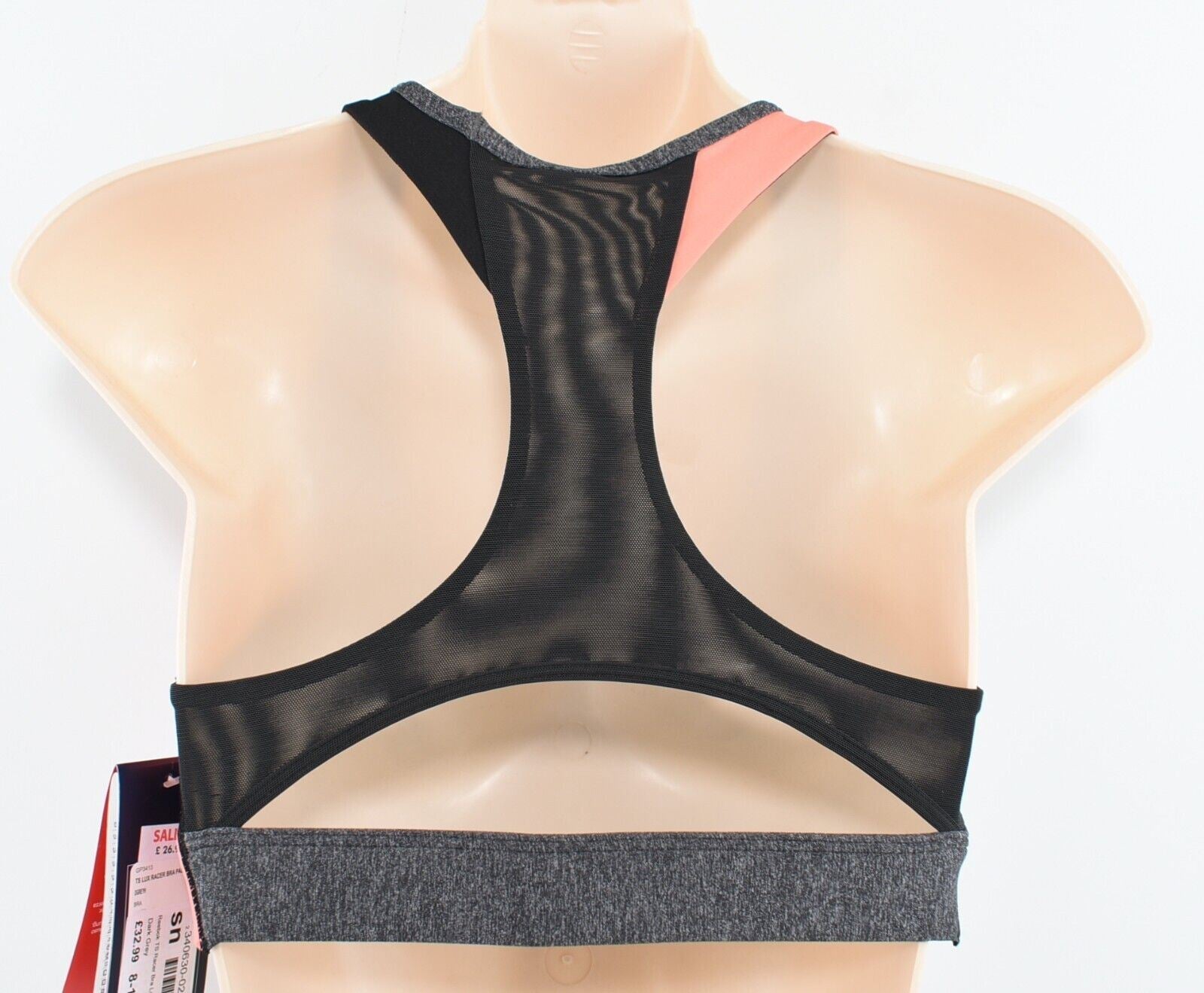 REEBOK Women's TECH STYLE LUX Sports Bra, Dark Grey/Coral, size L (UK 16-18)