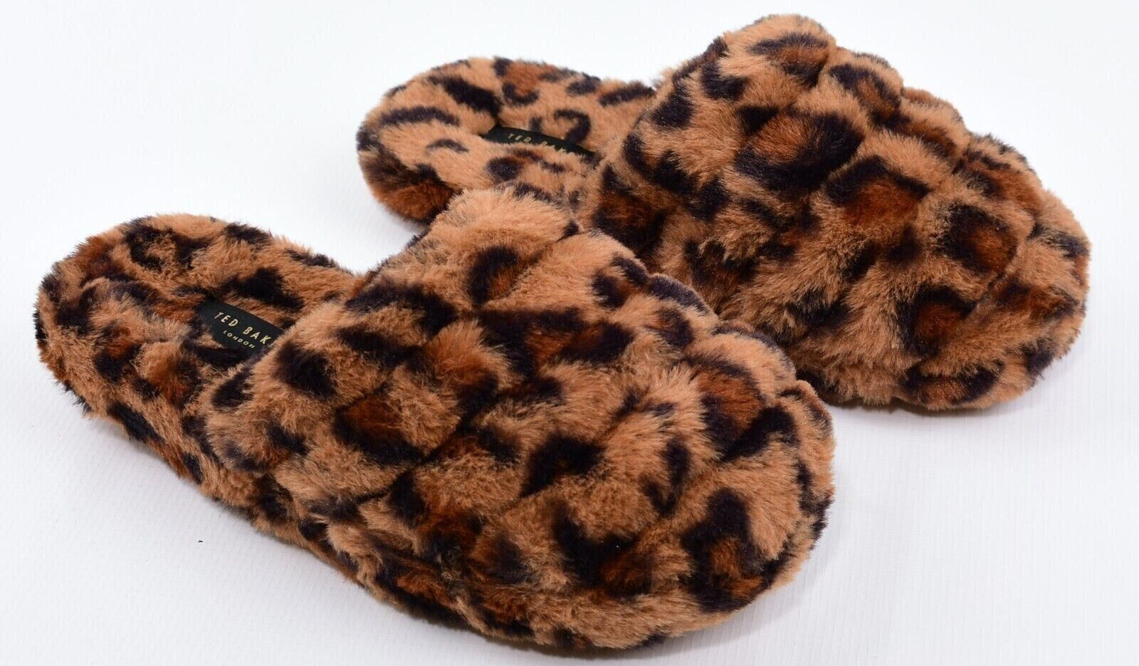 TED BAKER Women's ALHANA Faux Fur Leopard Design Slippers, Brown, size UK 5 /38