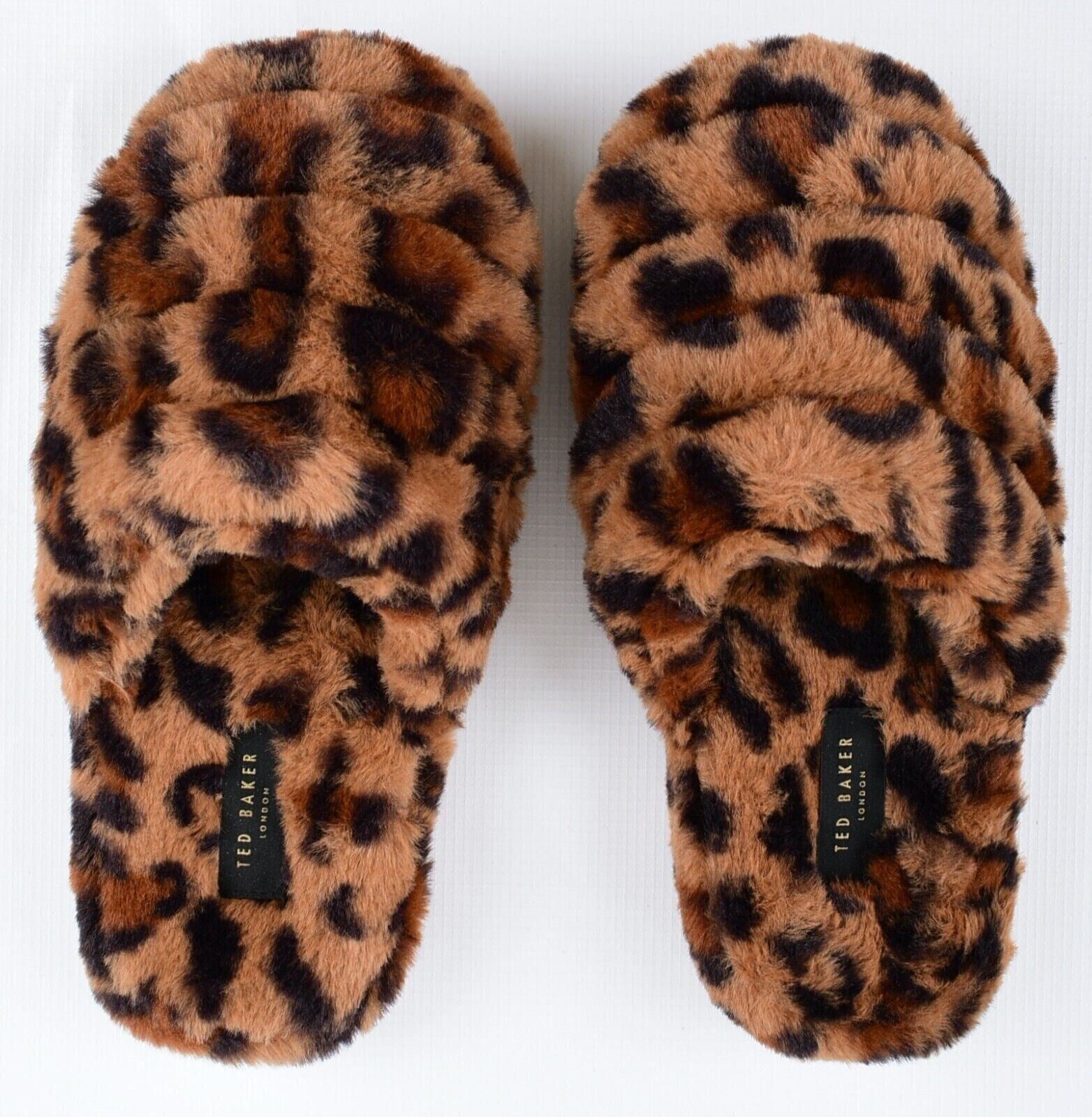 TED BAKER Women's ALHANA Faux Fur Leopard Design Slippers, Brown, size UK 5 /38