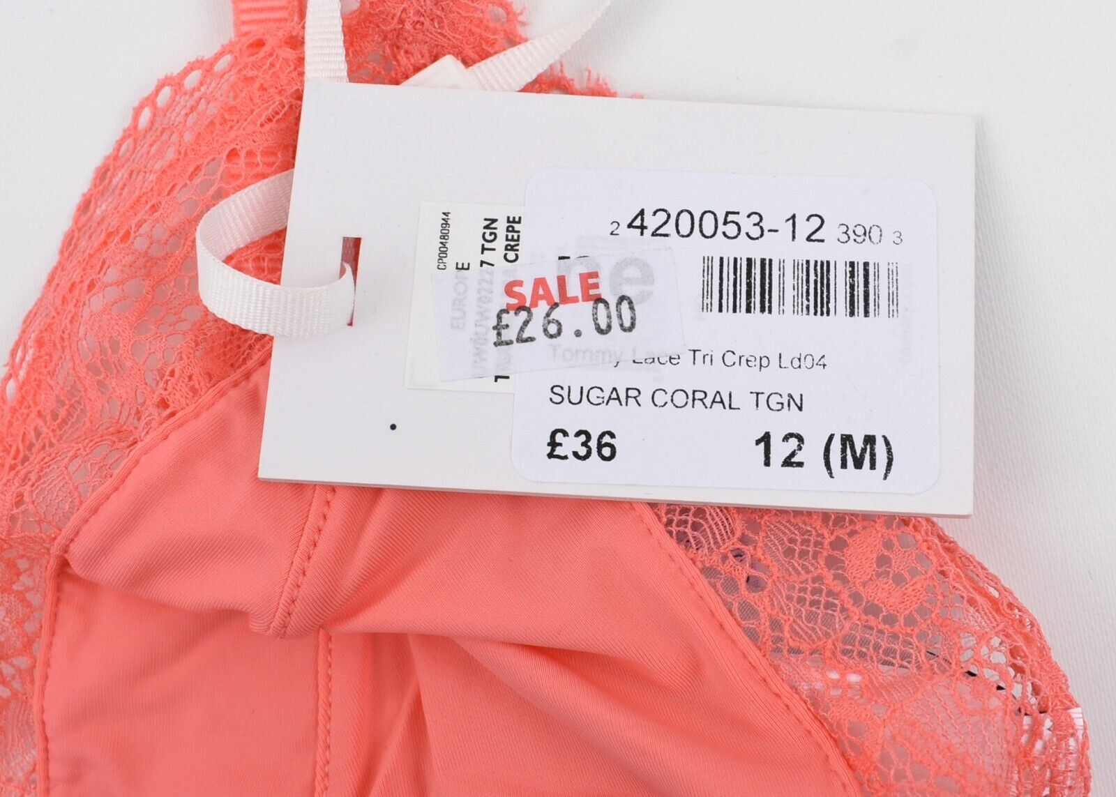 TOMMY HILFIGER Women's Triangle Lace Bra, Sugar Coral, size M /UK 12