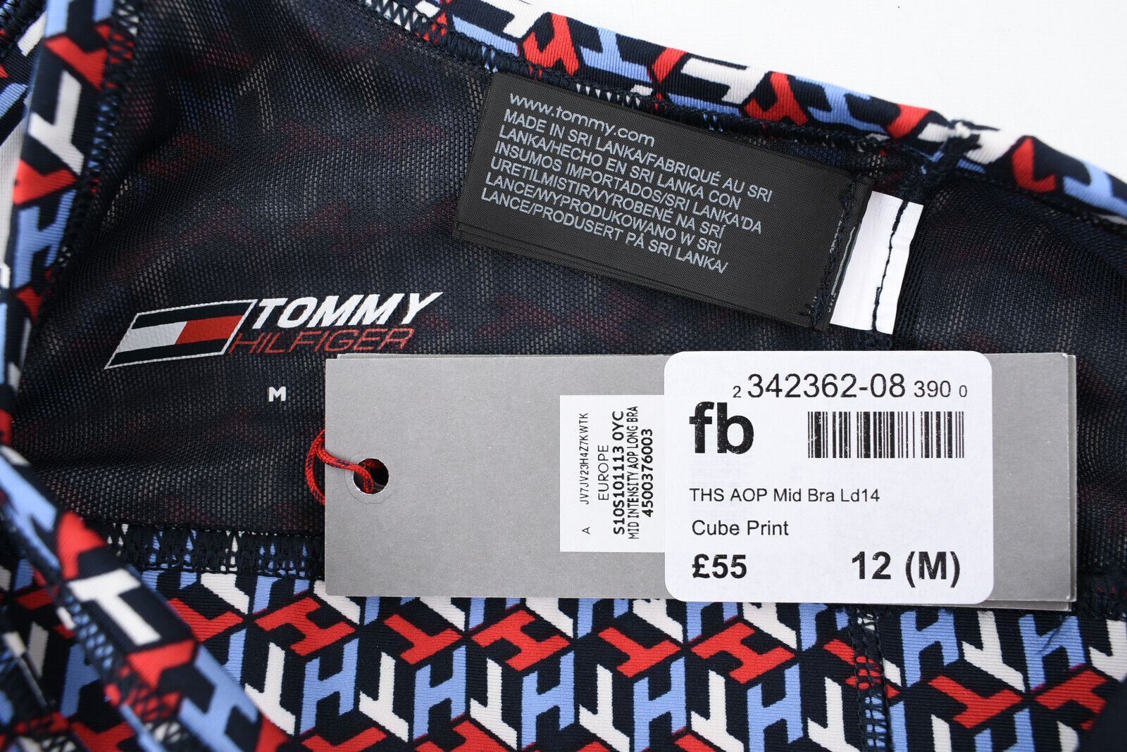 TOMMY HILFIGER Women's Racerback Sports Bra, Multi/Cube Print, size M /UK 12