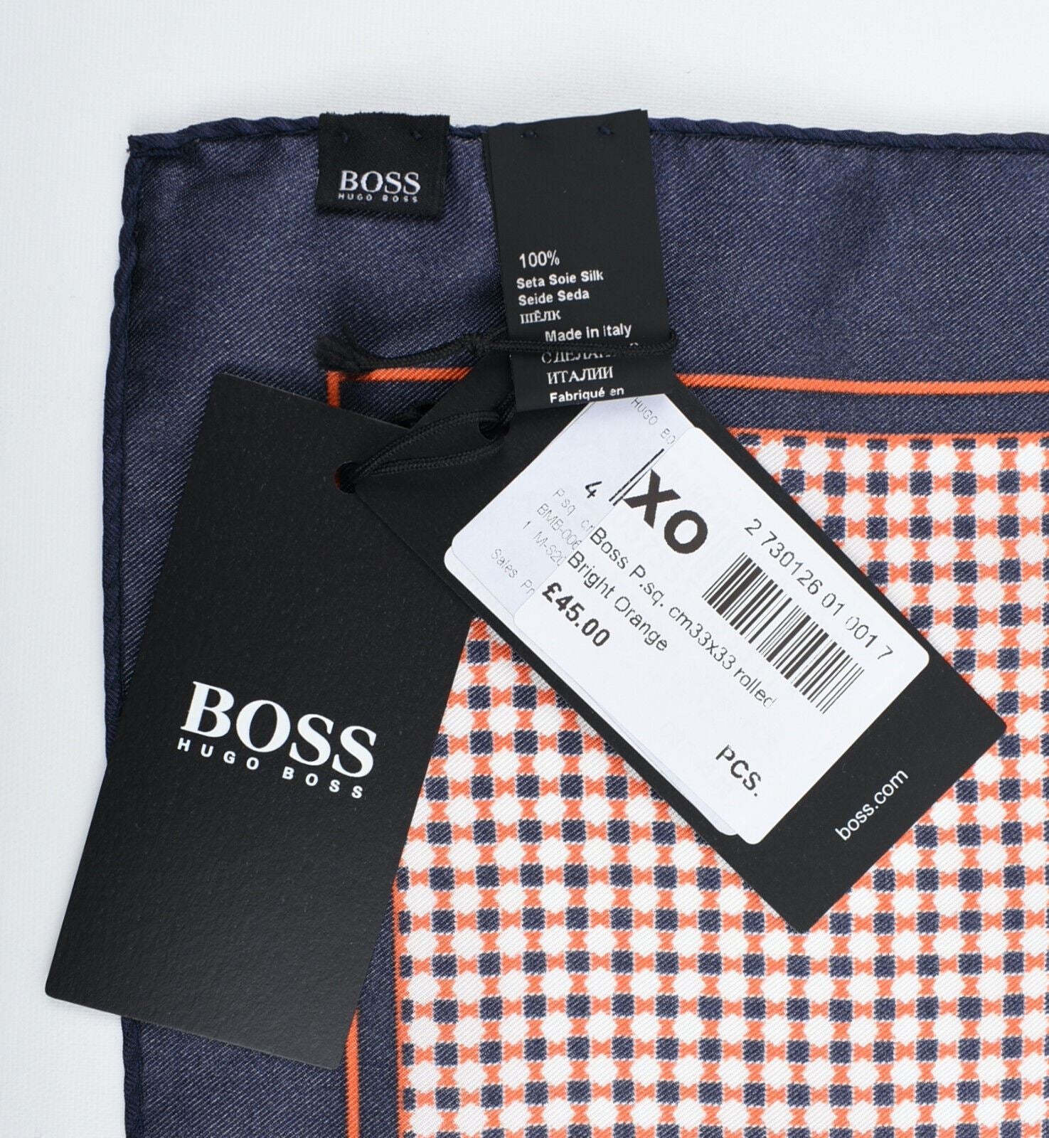 HUGO BOSS Pocket Square /Rolled Scarf  100% SILK, Orange/Navy Blue, 33x33cm