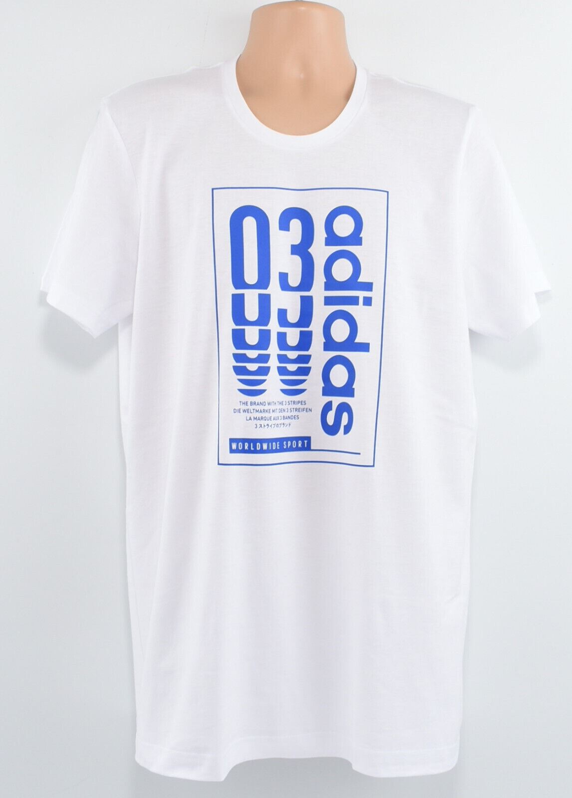 ADIDAS Men's Box Logo Crew Neck T-shirt, White/Blue, size MEDIUM