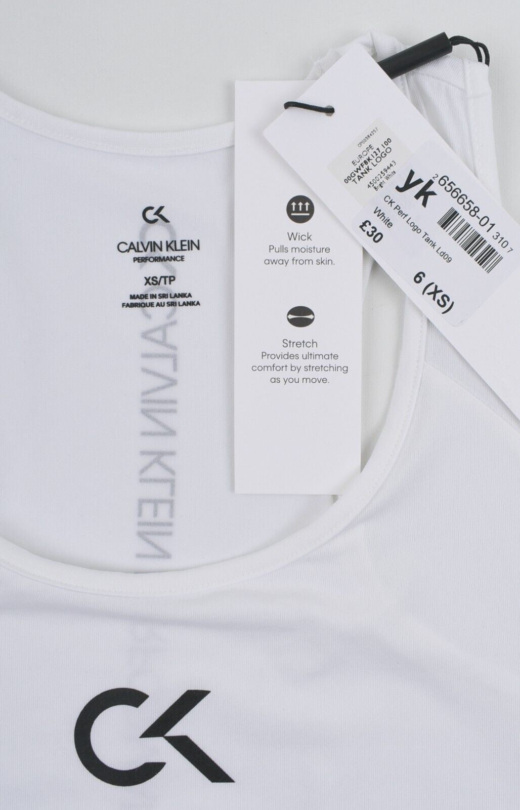 CALVIN KLEIN Performance: Women's Logo Tank Top, White, size XS /UK 6