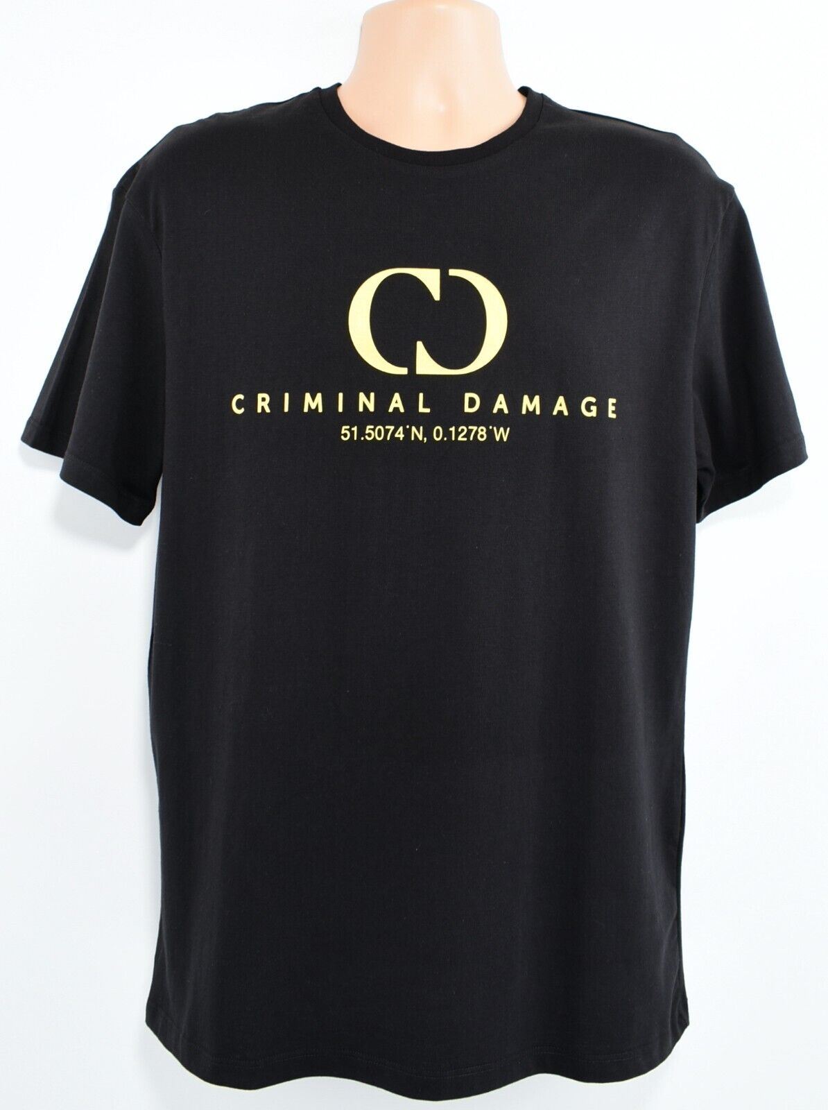CRIMINAL DAMAGE Men's Short Sleeve T-shirt, Black with Yellow Logo, size SMALL