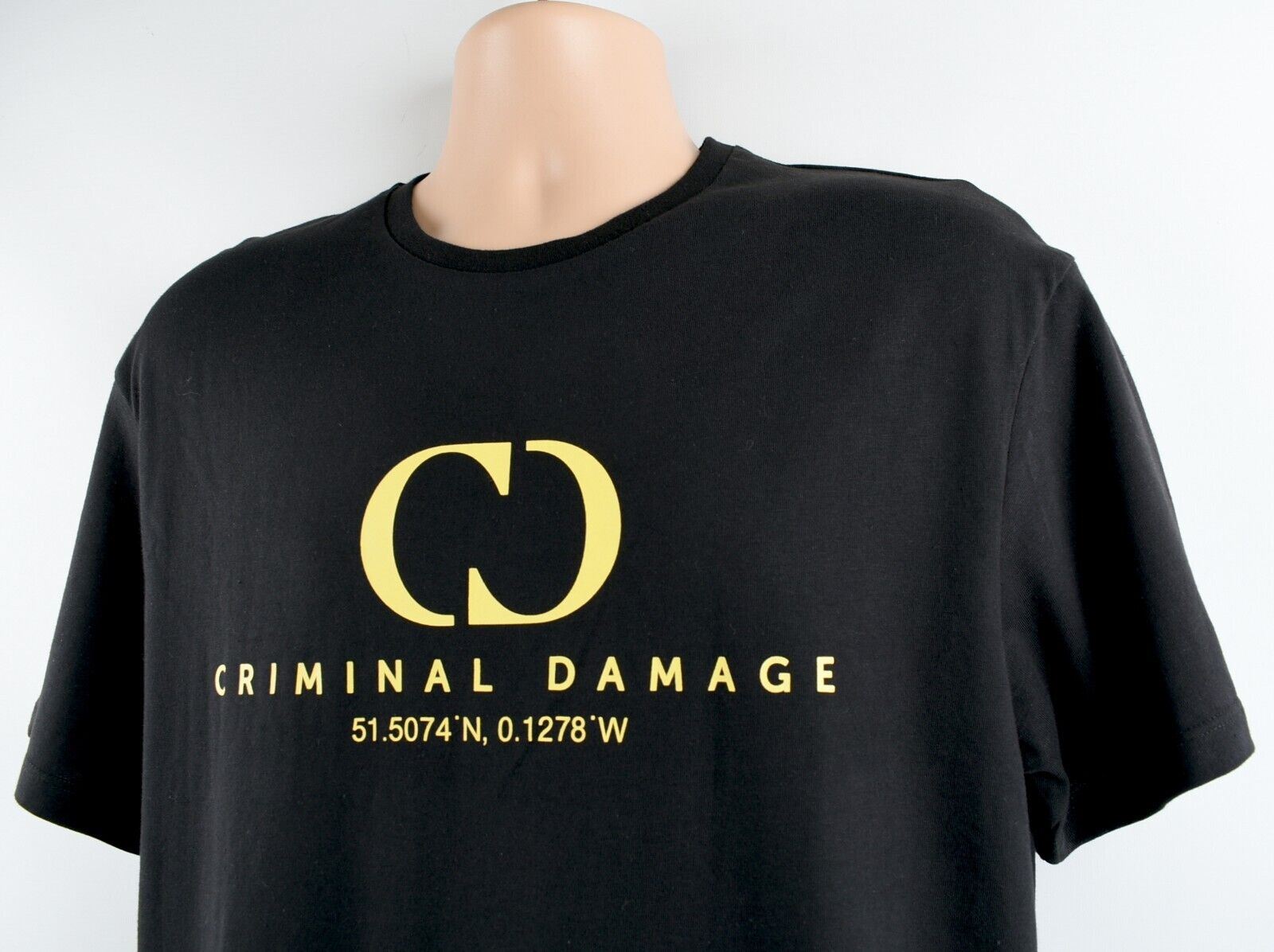 CRIMINAL DAMAGE Men's Short Sleeve T-shirt, Black with Yellow Logo, size SMALL