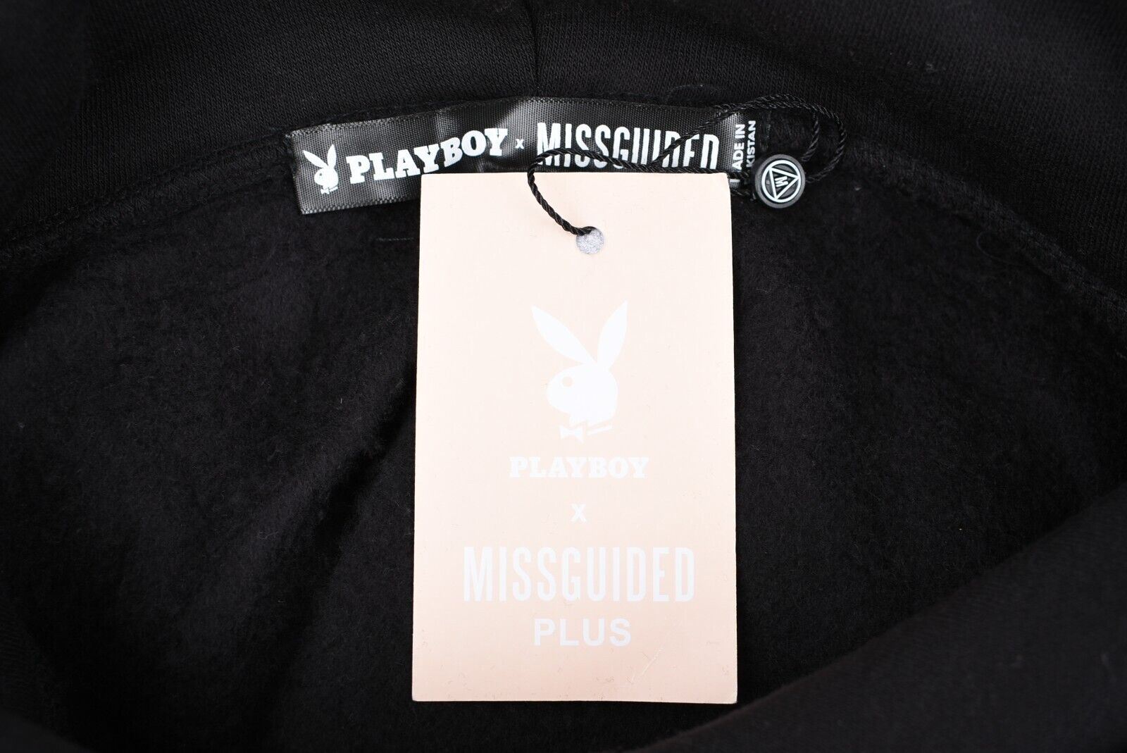 PLAYBOY x MISSGUIDED Plus Match Print Hooded Sweat Dress, Black, size UK 16