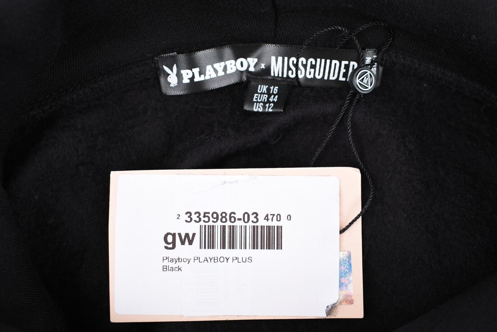 PLAYBOY x MISSGUIDED Plus Match Print Hooded Sweat Dress, Black, size UK 16