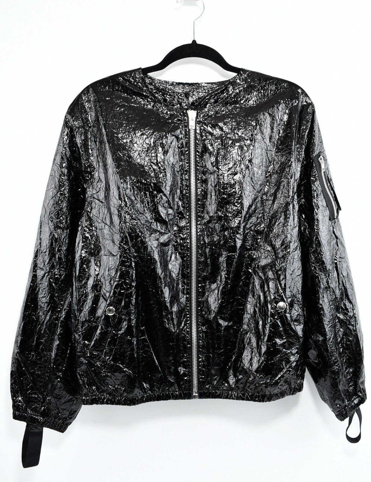 HELMUT LANG Women's MYLAR Crinkled Bomber Jacket, Black, size LARGE