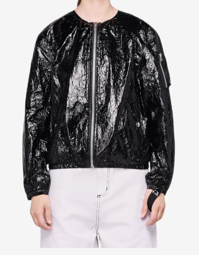 HELMUT LANG Women's MYLAR Crinkled Bomber Jacket, Black, size LARGE