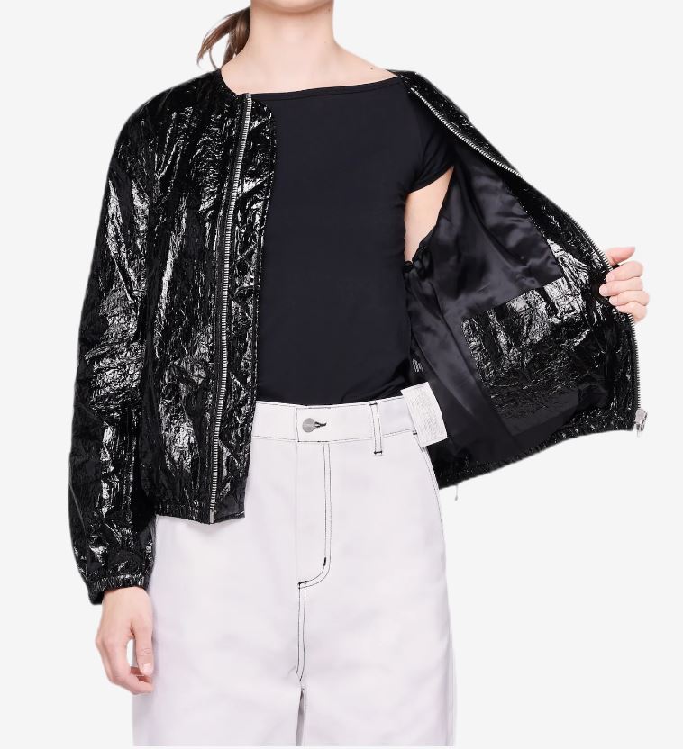 HELMUT LANG Women's MYLAR Crinkled Bomber Jacket, Black, size LARGE