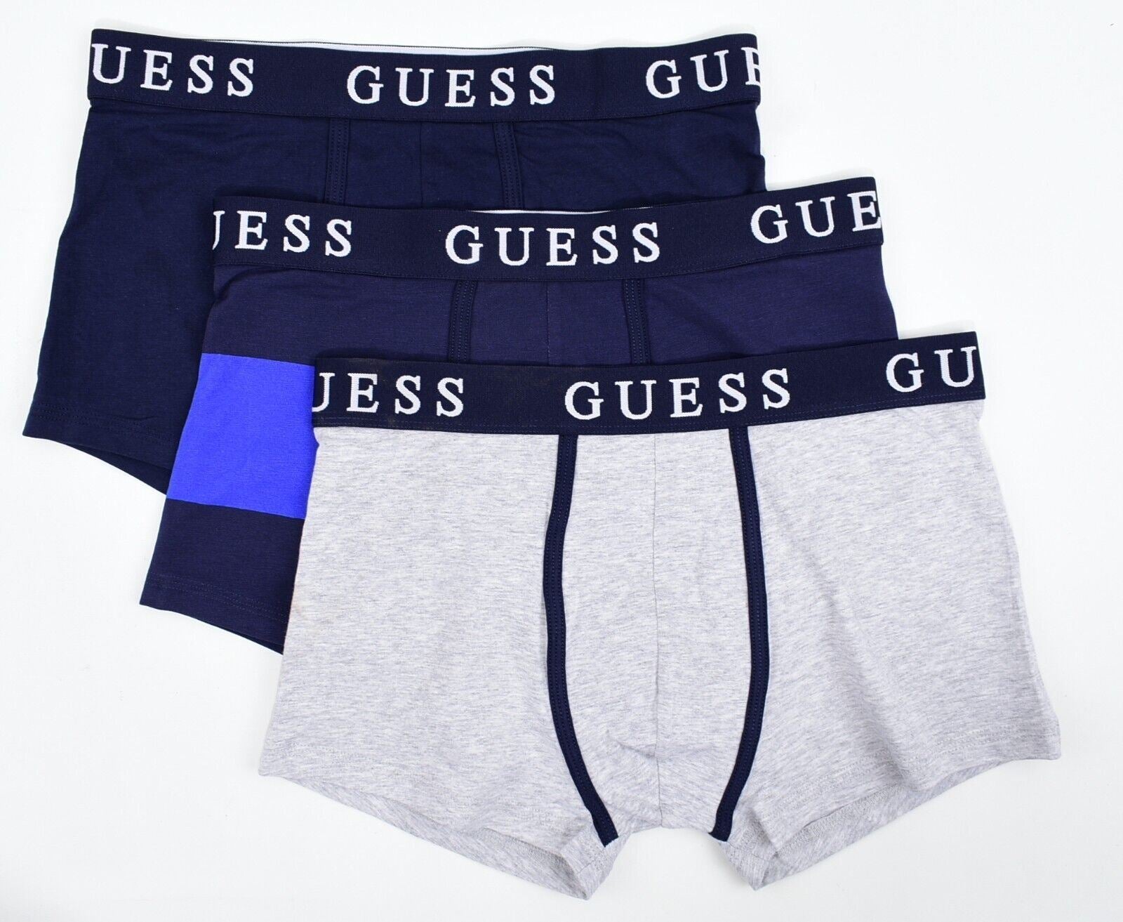 GUESS Underwear: Men's 3-Pack Logo Boxer Trunks, Grey/Navy Blue/Blue, size SMALL