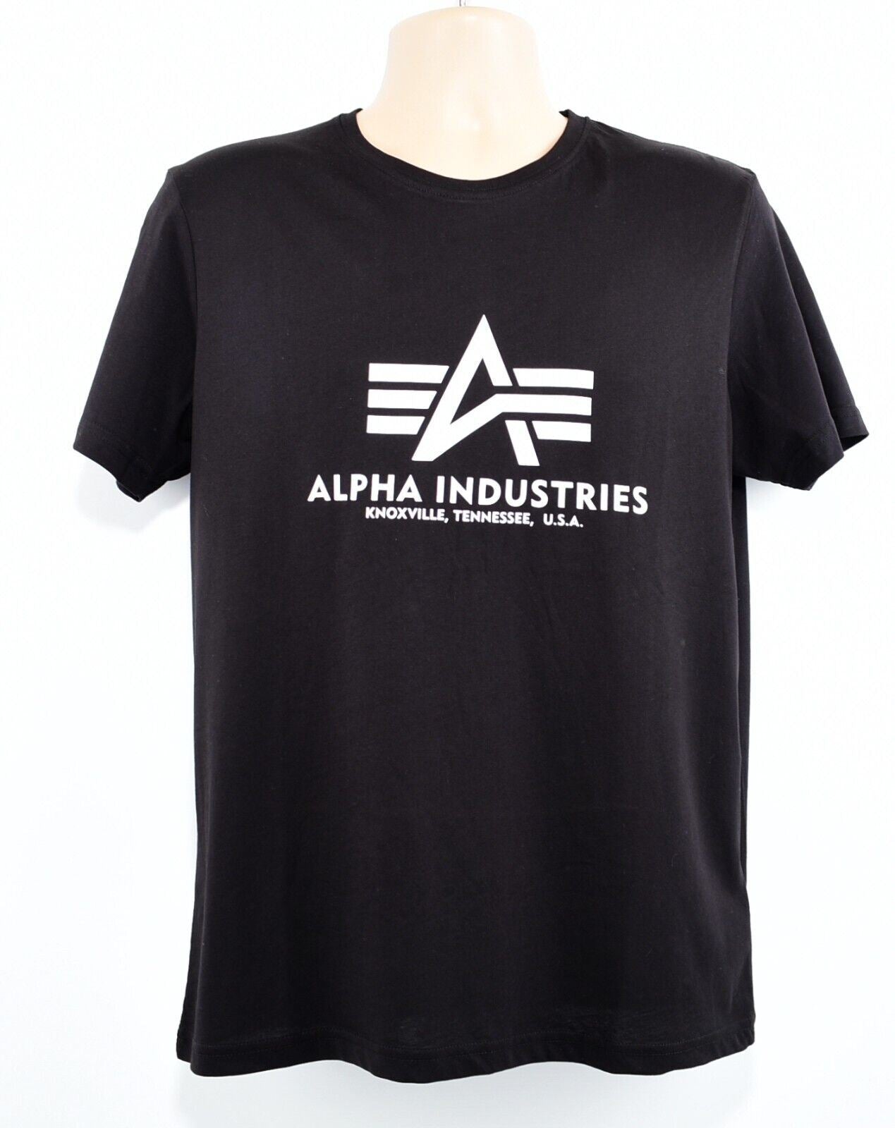 ALPHA INDUSTRIES Men's Crew Neck T-shirt, Black/with White Logo, size M