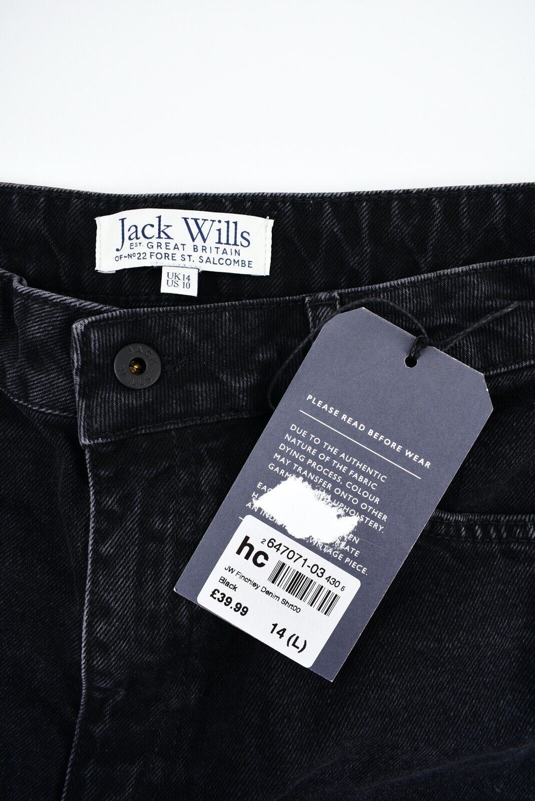 JACK WILLS Women's FINCHLEY Denim Hot Pants Shorts, Black, size L /UK 14