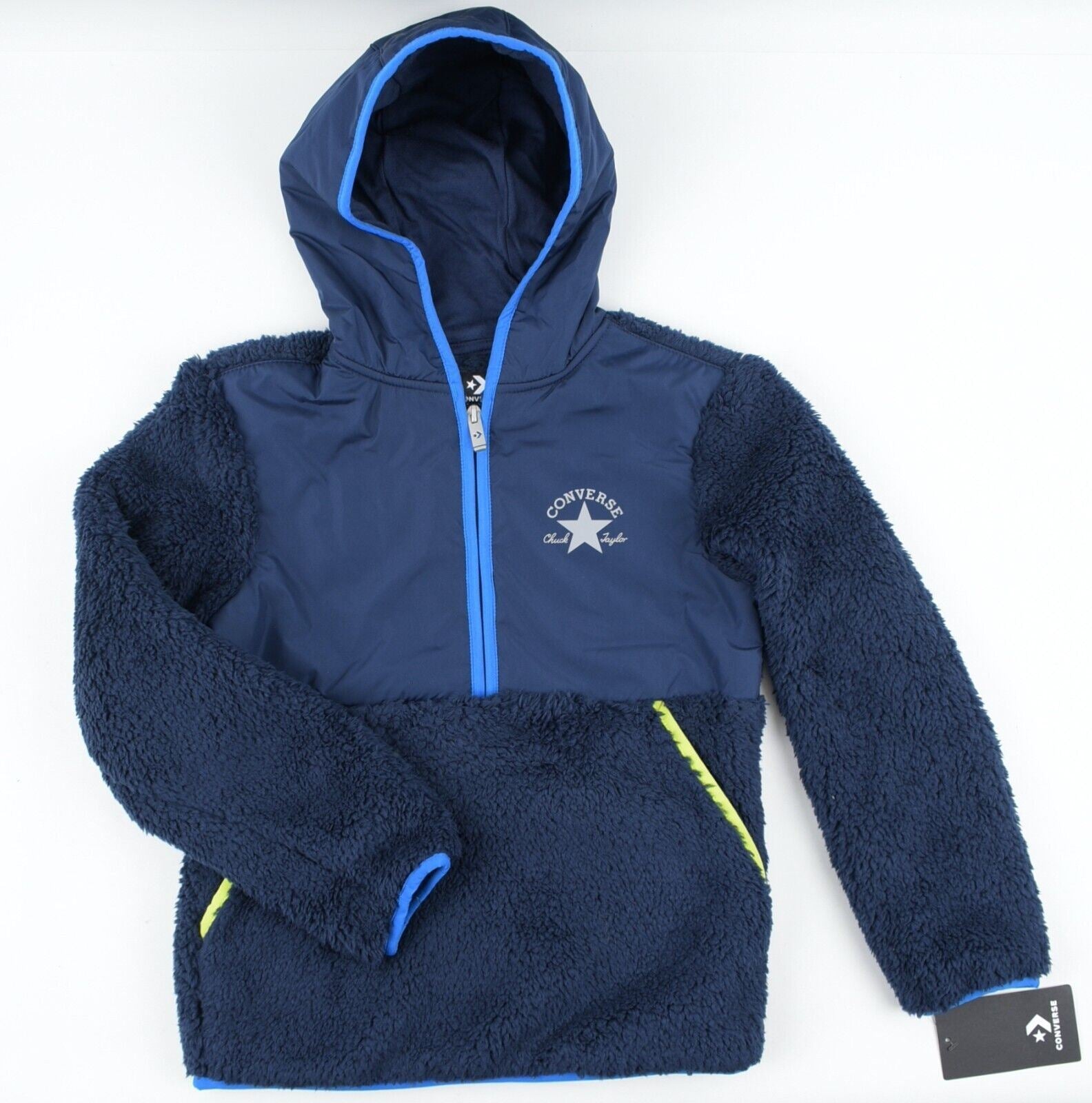 CONVERSE Kids' 1/2 Zip Sherpa Fleece Pullover Hooded Jacket, Blue size 7-8 years