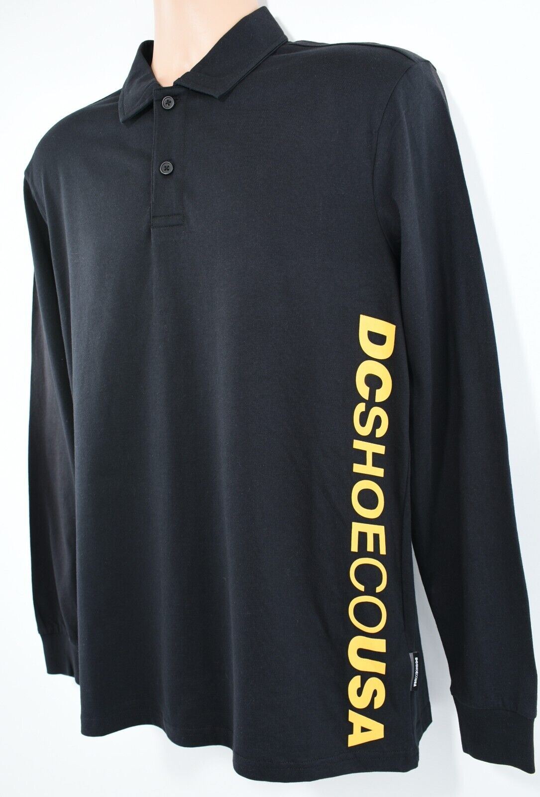 DC SHOES Mens Long Sleeve Polo Shirt Top, Black with Yellow Logo, size SMALL