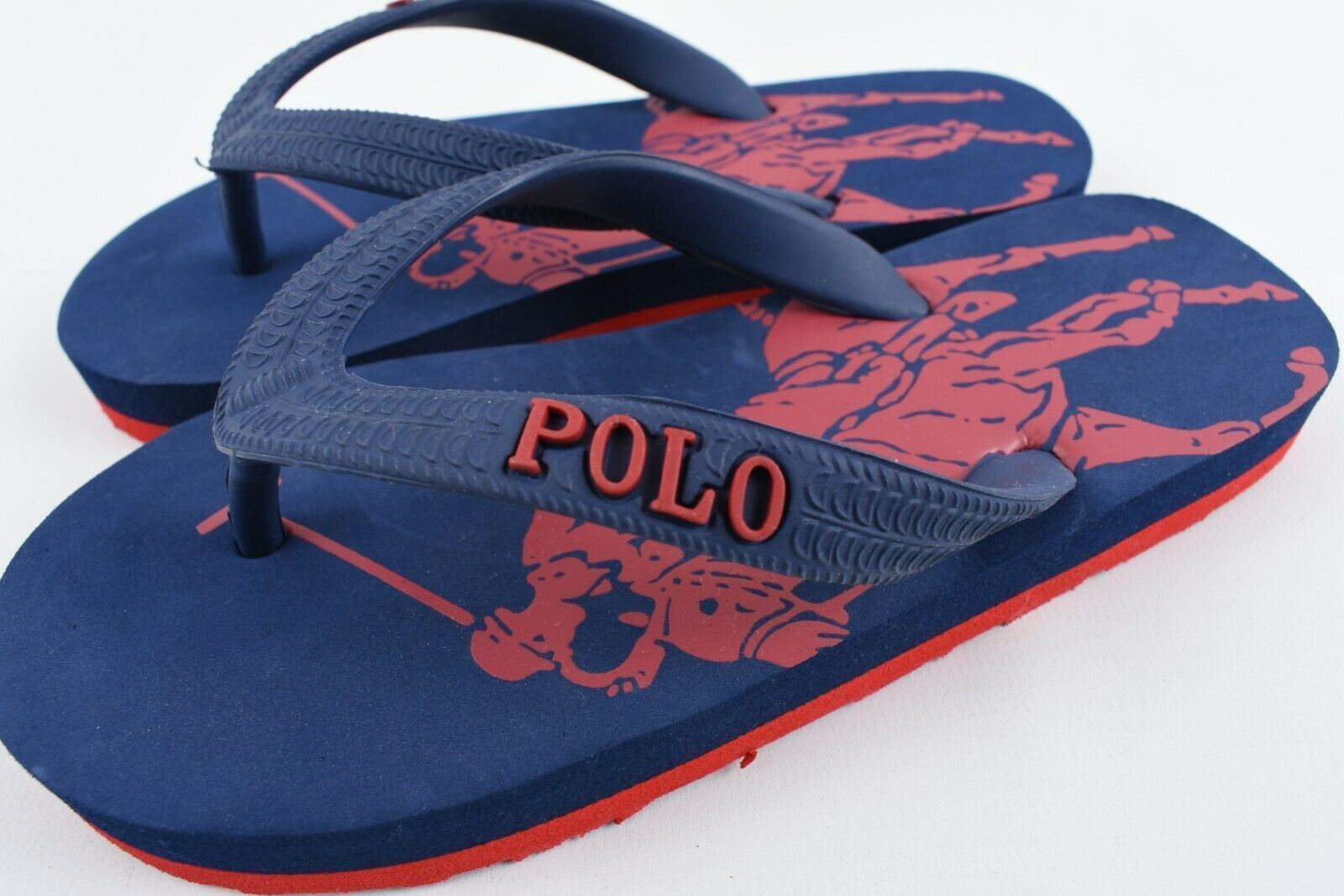 POLO RALPH LAUREN Boys' Flip Flops / Beach Sandals, Blue/Red, size UK 11.5 Kids