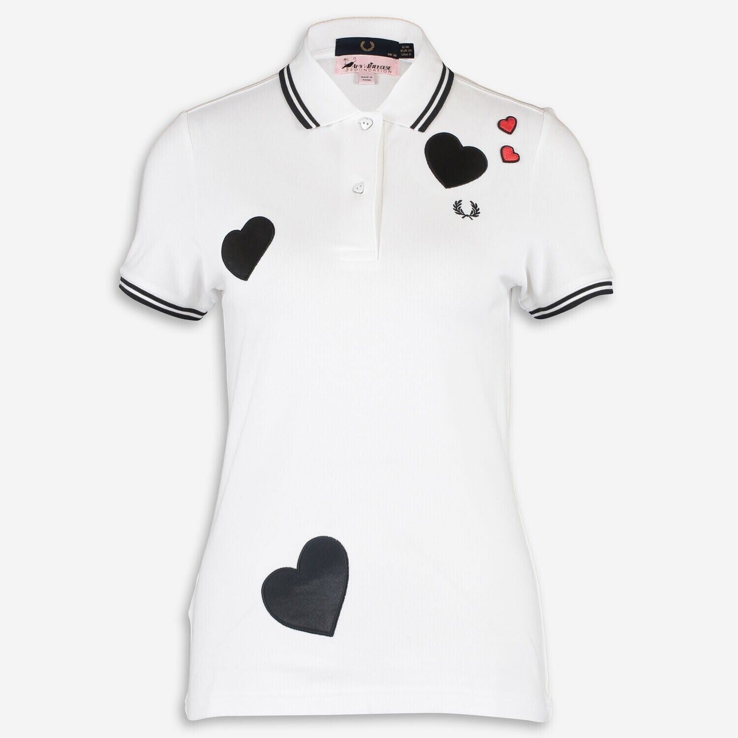 FRED PERRY x AMY WINEHOUSE FOUNDATION Womens Heart Polo Shirt , White size UK 12