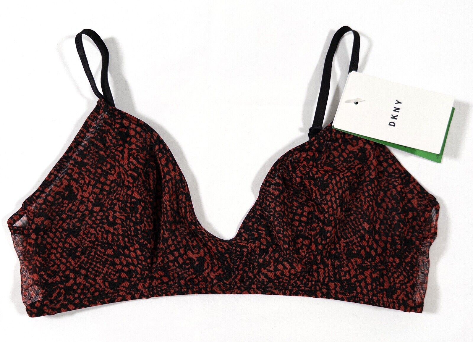 DKNY Women's Black and Red Mesh Bralette Bra Crop Top Size UK Large Snakeskin