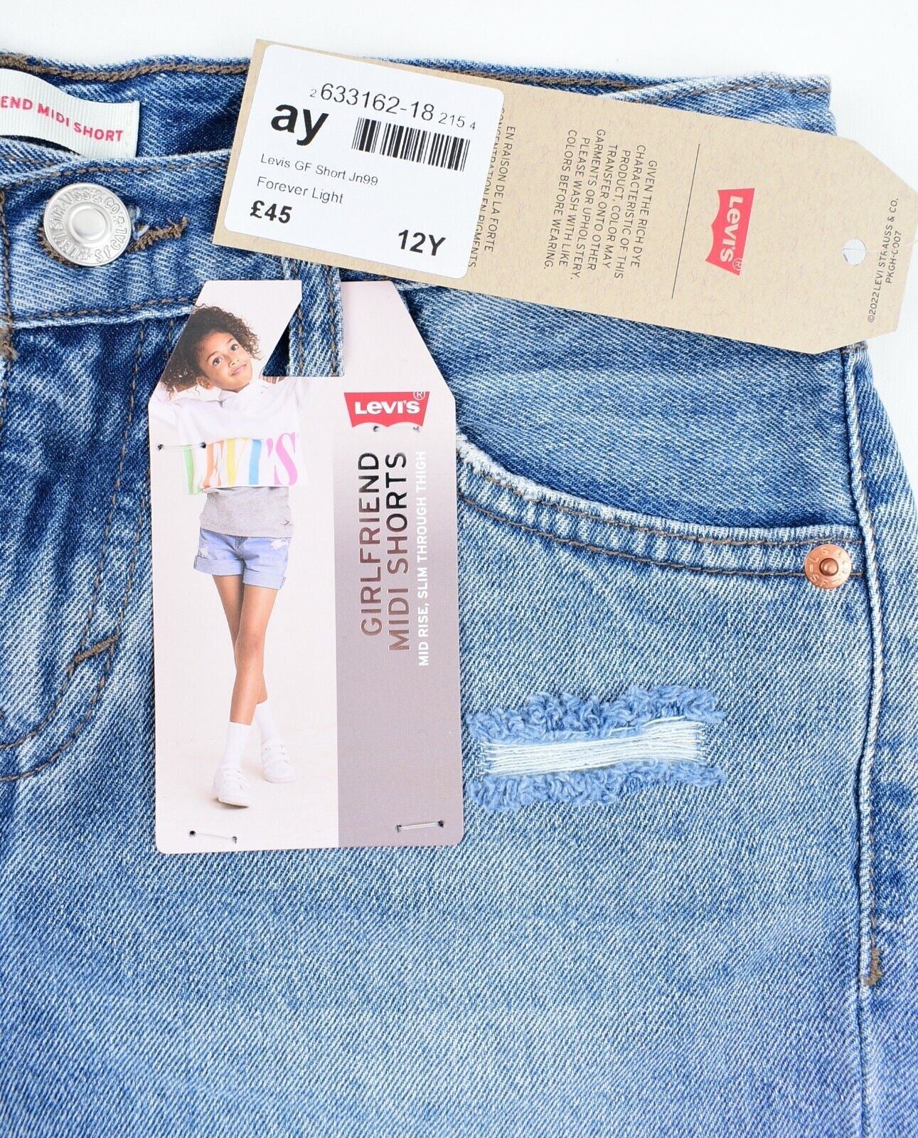 LEVIS Girls Kids Girlfriend Midi Denim Shorts, Mid Rise, Blue, size 12 years