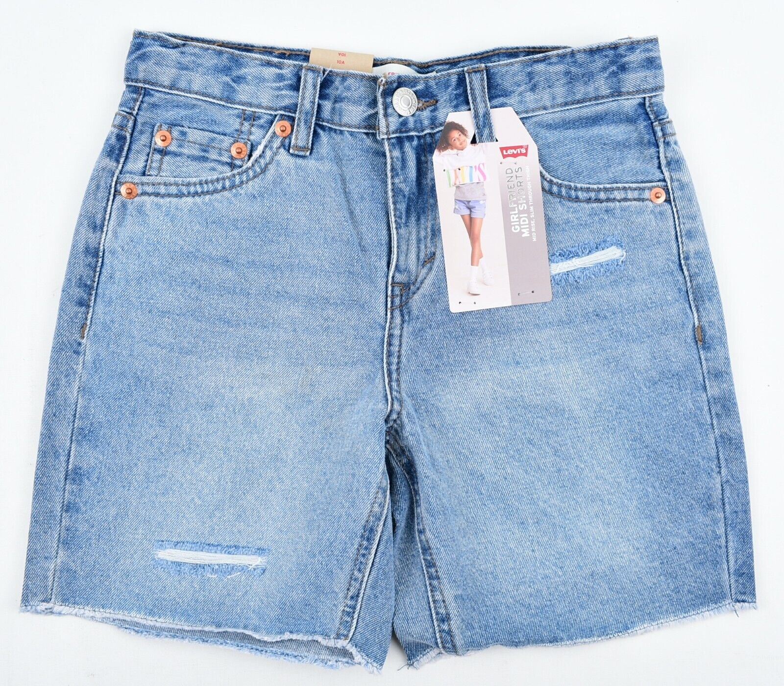 LEVIS Girls Kids Girlfriend Midi Denim Shorts, Mid Rise, Blue, size 10 years