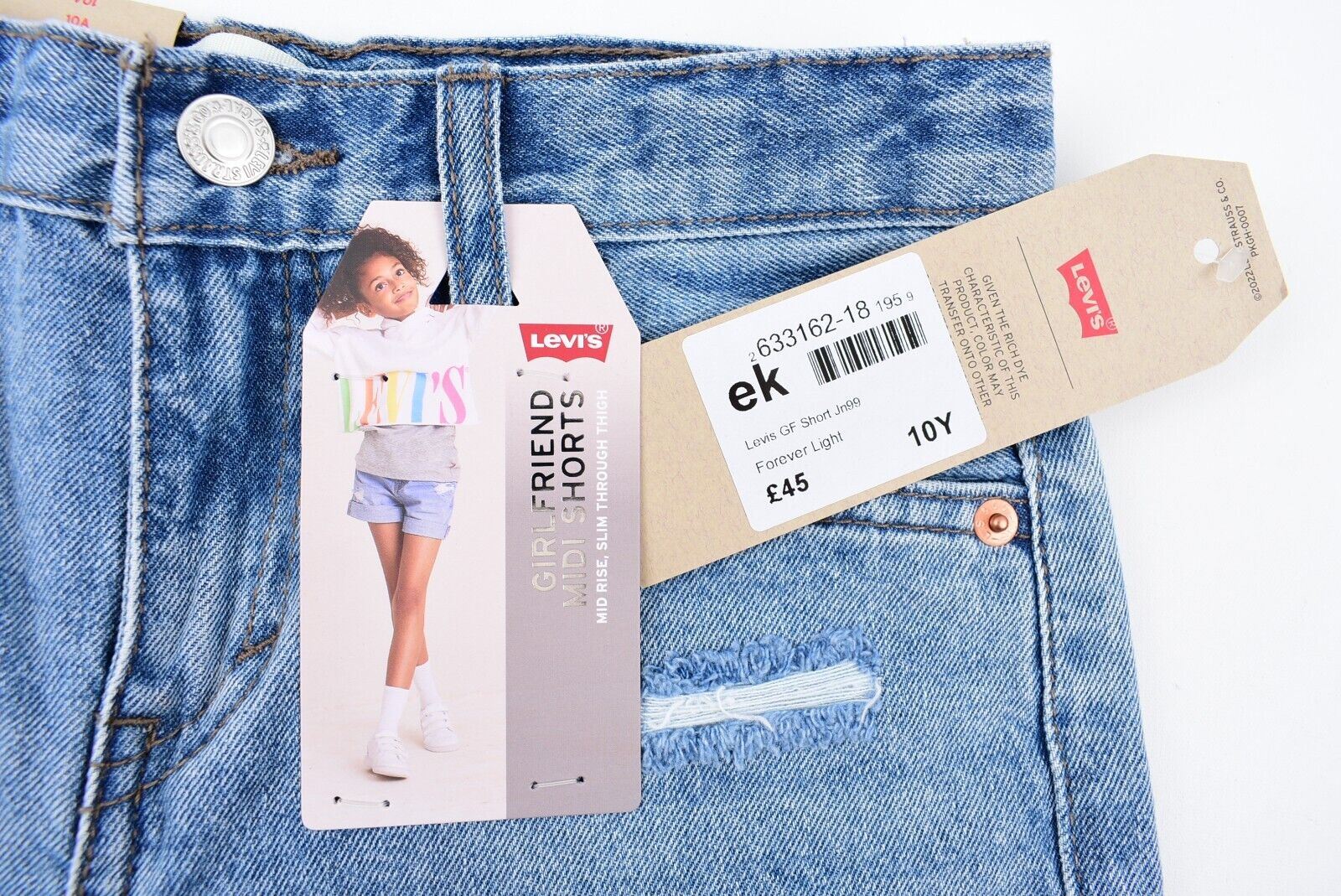 LEVIS Girls Kids Girlfriend Midi Denim Shorts, Mid Rise, Blue, size 10 years