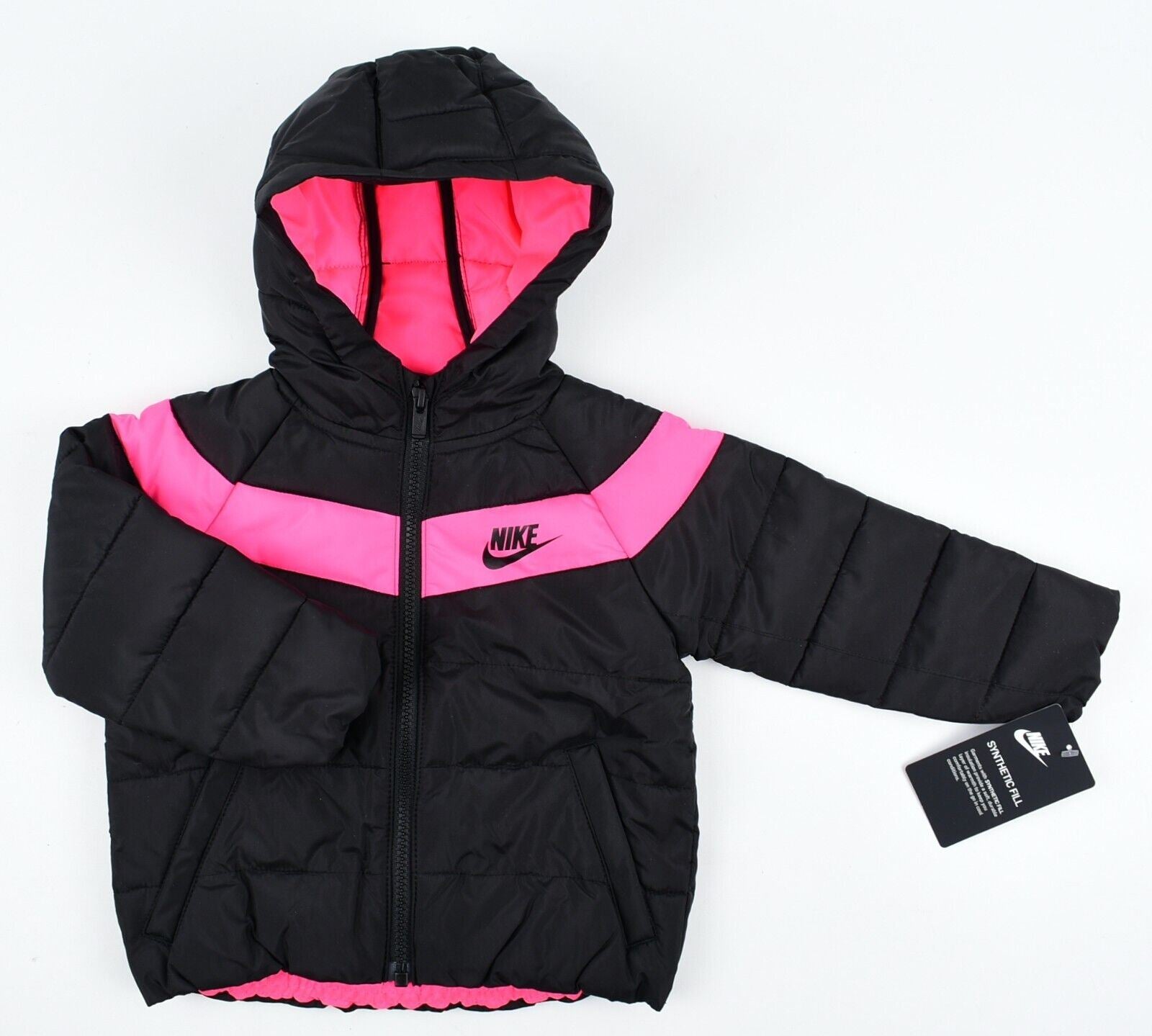 NIKE Baby Girls Padded Hooded Jacket, Black/Pink, size 18 months