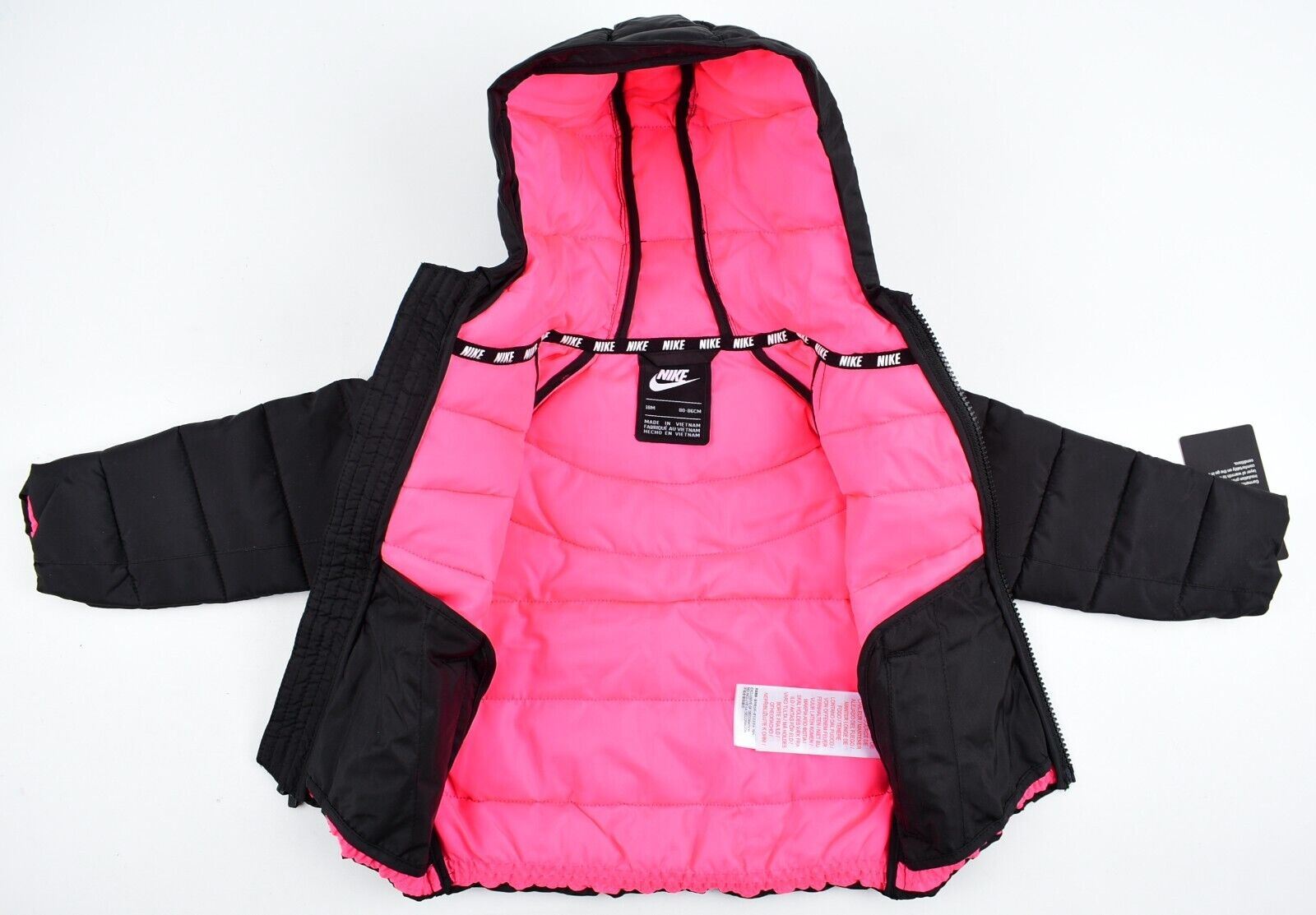 NIKE Baby Girls Padded Hooded Jacket, Black/Pink, size 18 months