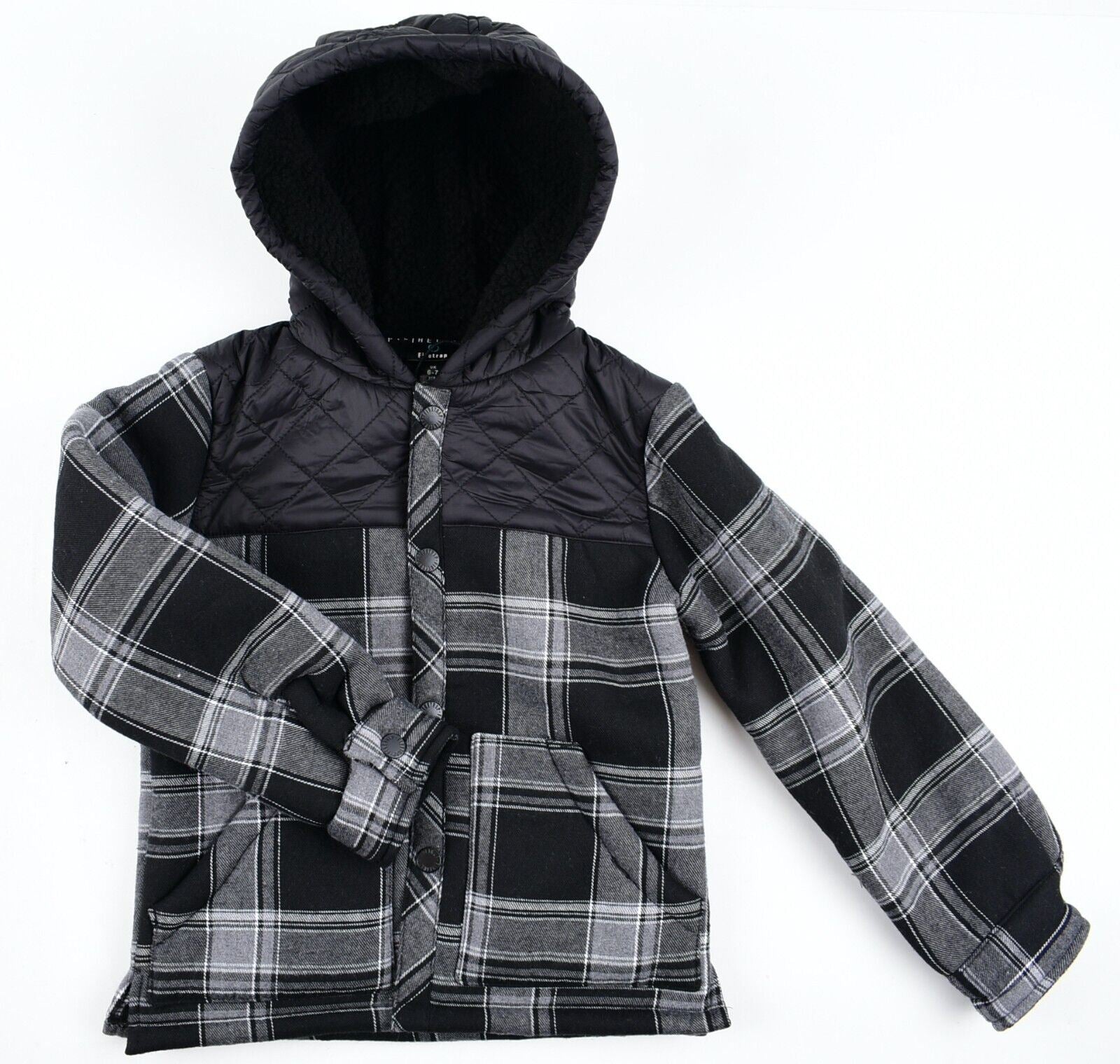 FIRETRAP Boys Kids Teddy Fleece Lined Shirt Jacket, Grey-Black, size 6-7 years