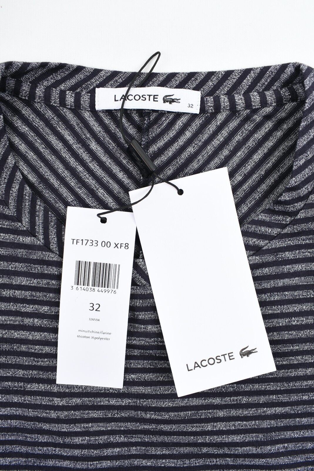 LACOSTE Womens Long Sleeve Striped Top, Navy Blue-Grey Striped, size XS