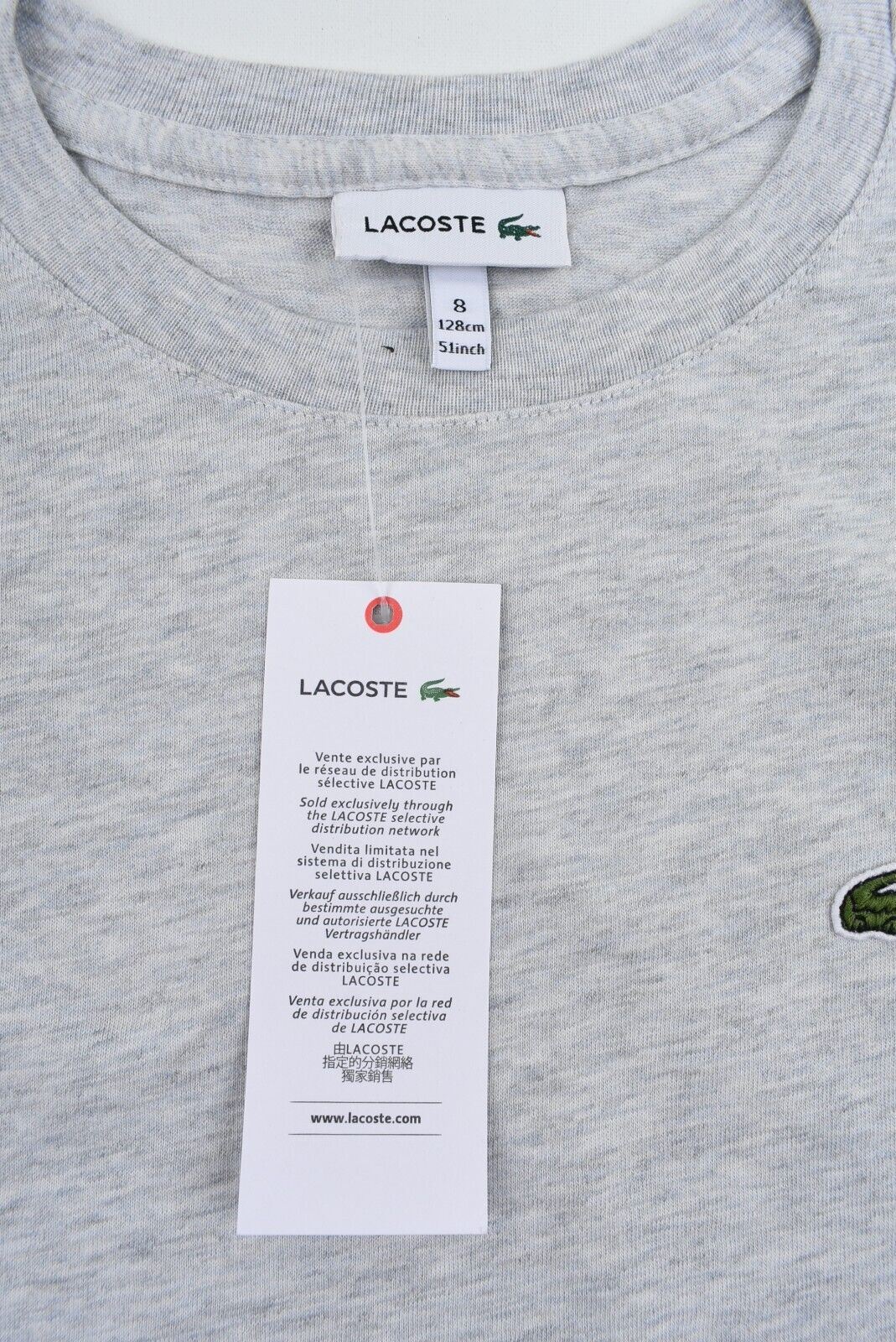 LACOSTE Boys Kids Classic Crew Neck T-shirt, Grey Heather size 8 years / 128cm