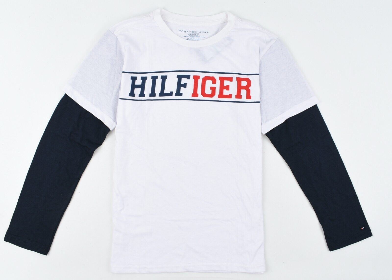 TOMMY HILFIGER Boys Kids Long Sleeve Top, White/Navy Blue, size 16-18 years