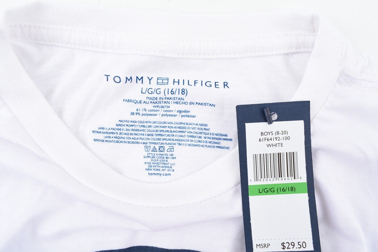 TOMMY HILFIGER Boys Kids Long Sleeve Top, White/Navy Blue, size 16-18 years