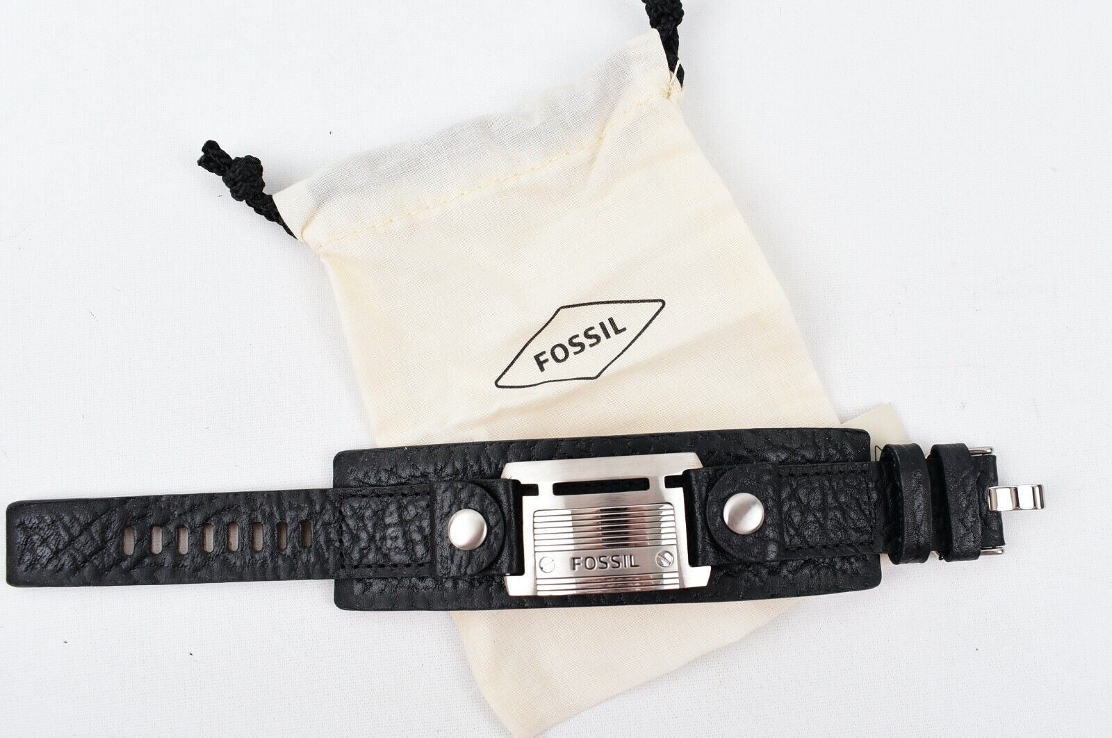 FOSSIL Mens Leather & Stainless Steel Bracelet, Black, in Tin Box