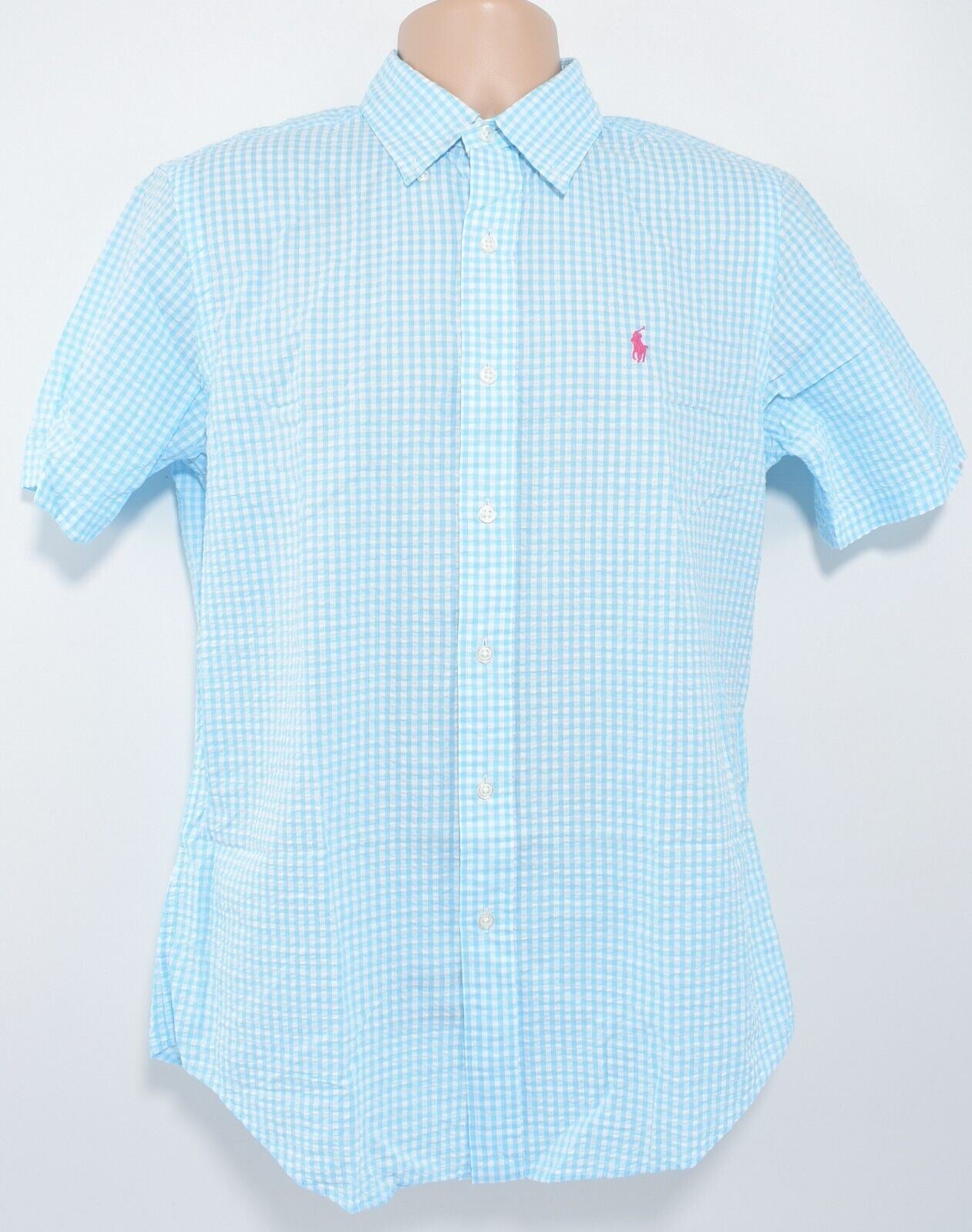 POLO RALPH LAUREN Mens Seersucker Short Sleeve Shirt, Turquoise/Checked, size S