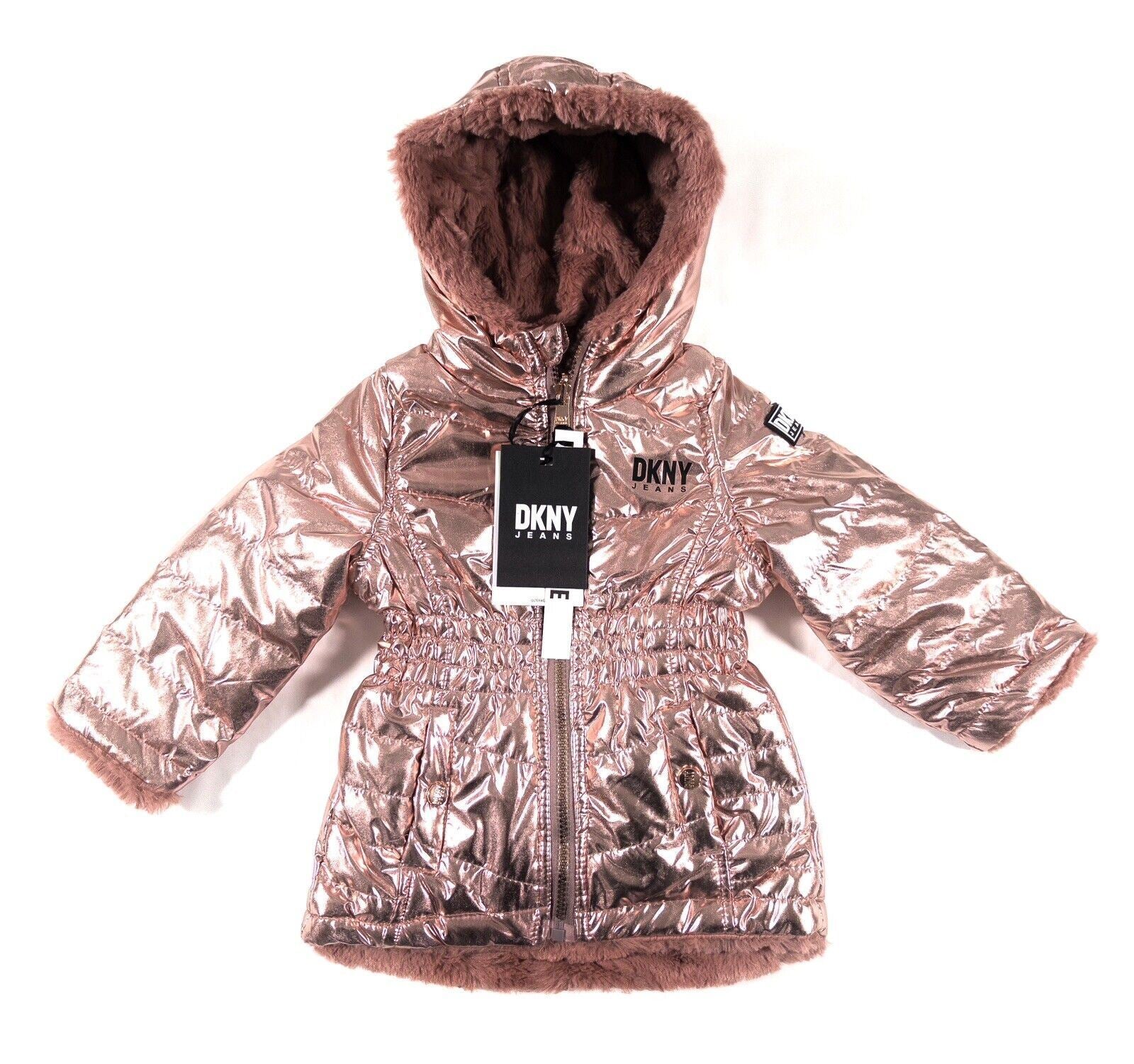 DKNY JEANS Infants Girls Reversible Coat Metallic Rose Gold Blush Size UK 18m
