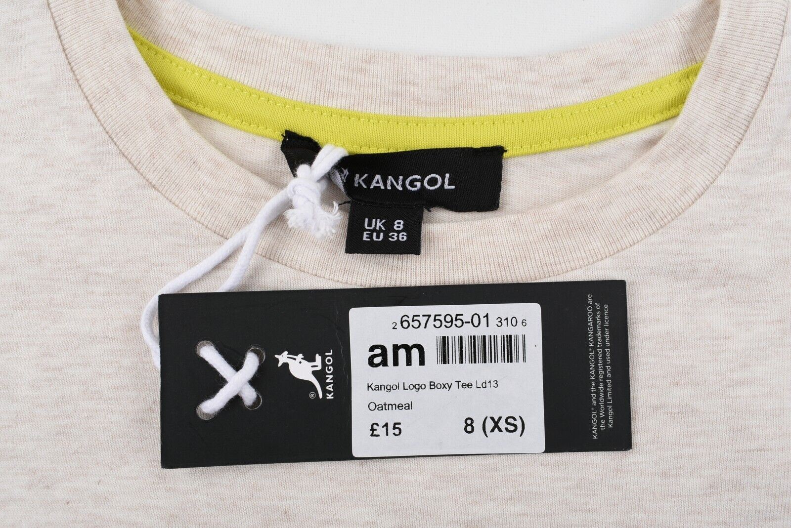 KANGOL Womens Cropped Boxy T-shirt Top, Oatmeal/Green Logo, size XS /UK 8