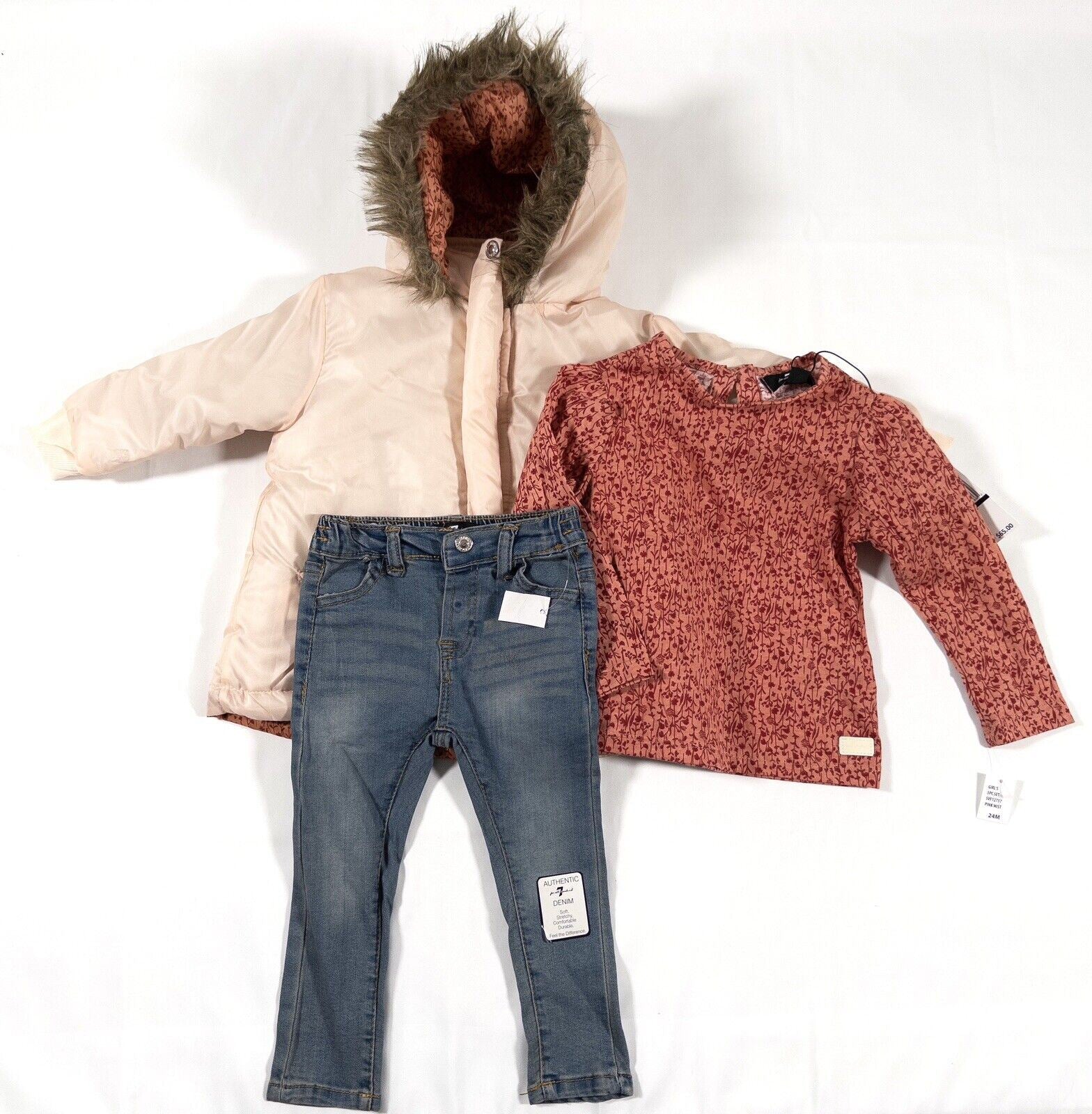 7 FOR ALL MANKIND Infant Girls 3 piece set Pink Coat Top Jeans Size UK 24 Months