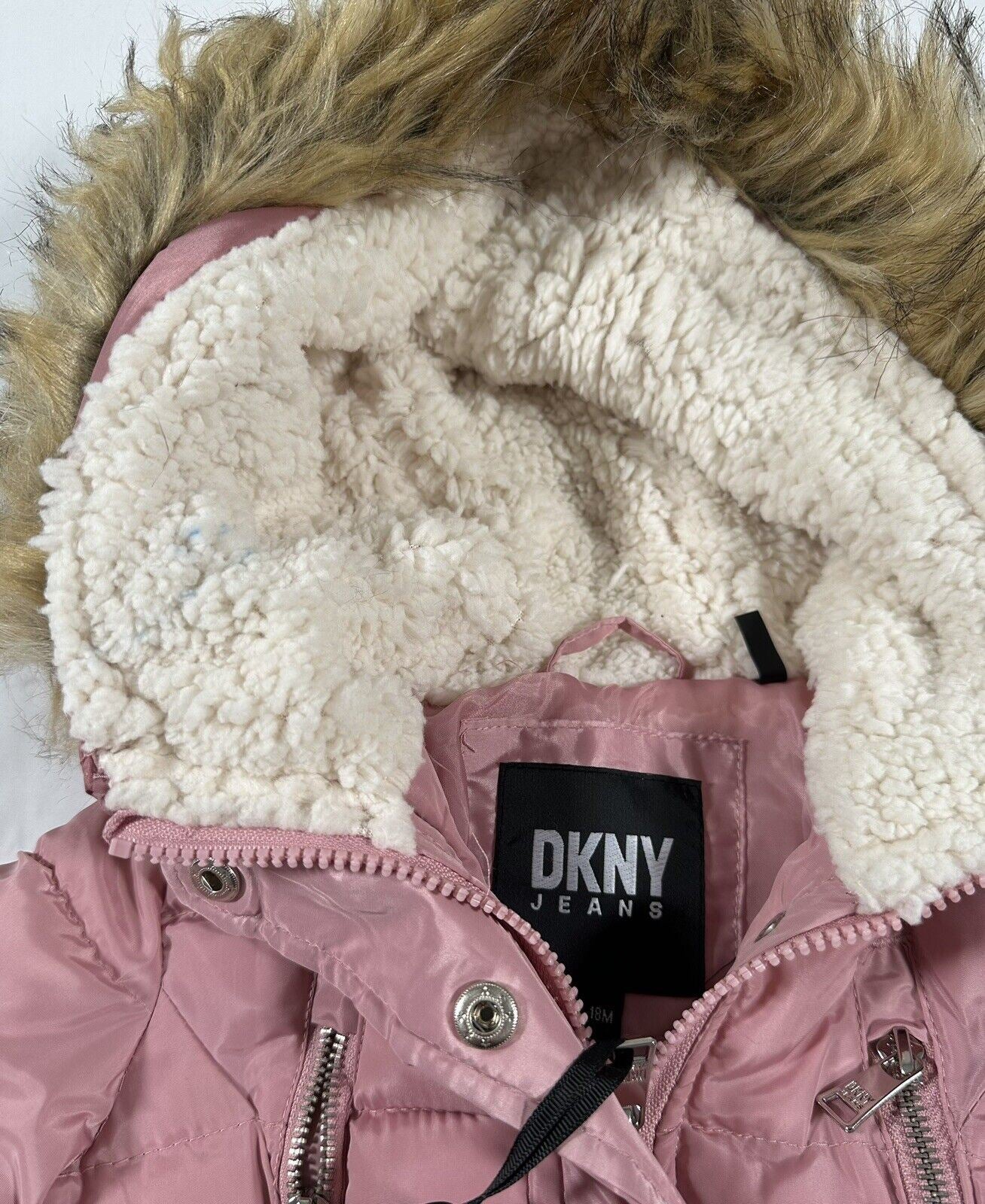 DKNY JEANS Infant Girls Hooded Pink Coat Mid Length Size UK 18 Months