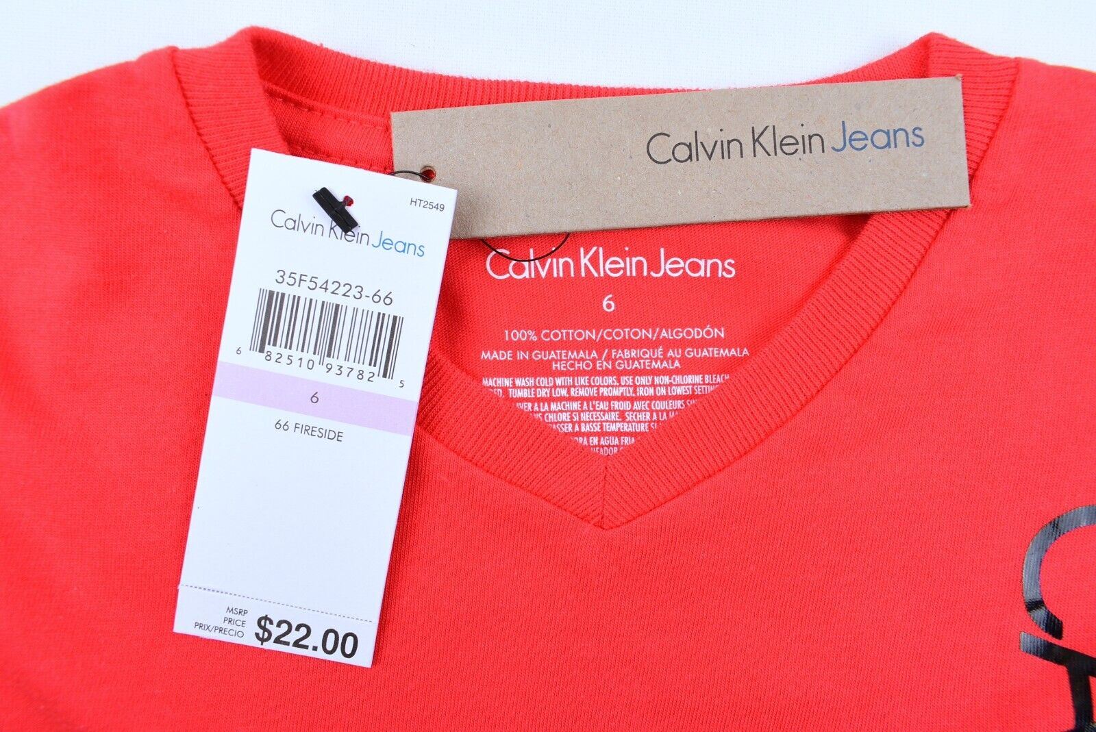 CALVIN KLEIN Boys Kids Logo Print V-neck T-shirt, Fireside Red, size years 6