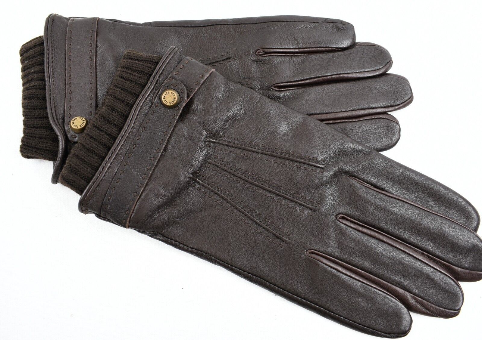 TED BAKER Mens Core Leather Stab Stitch SMART Gloves, Chocolate Brown, size M-L