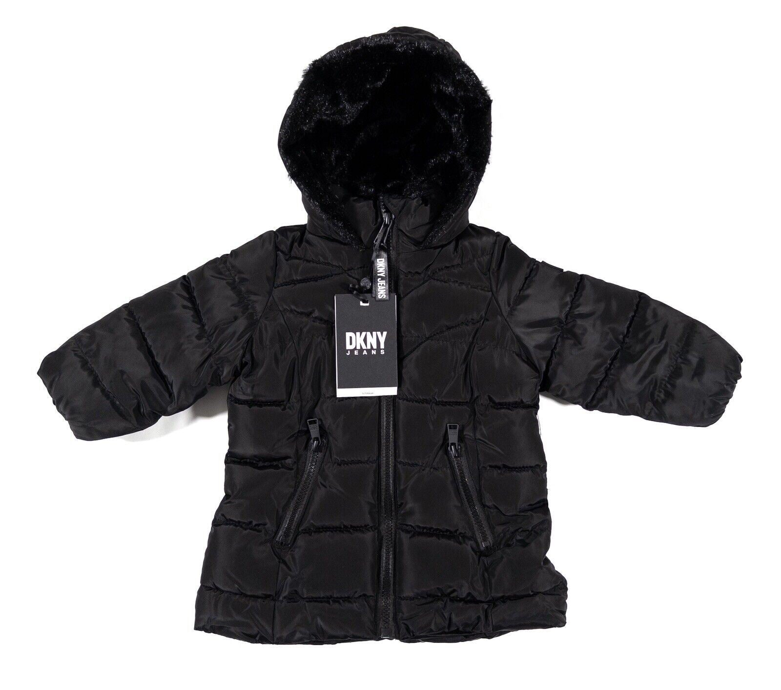 DKNY JEANS Baby Girl Hooded Black Coat Size UK 12 Months