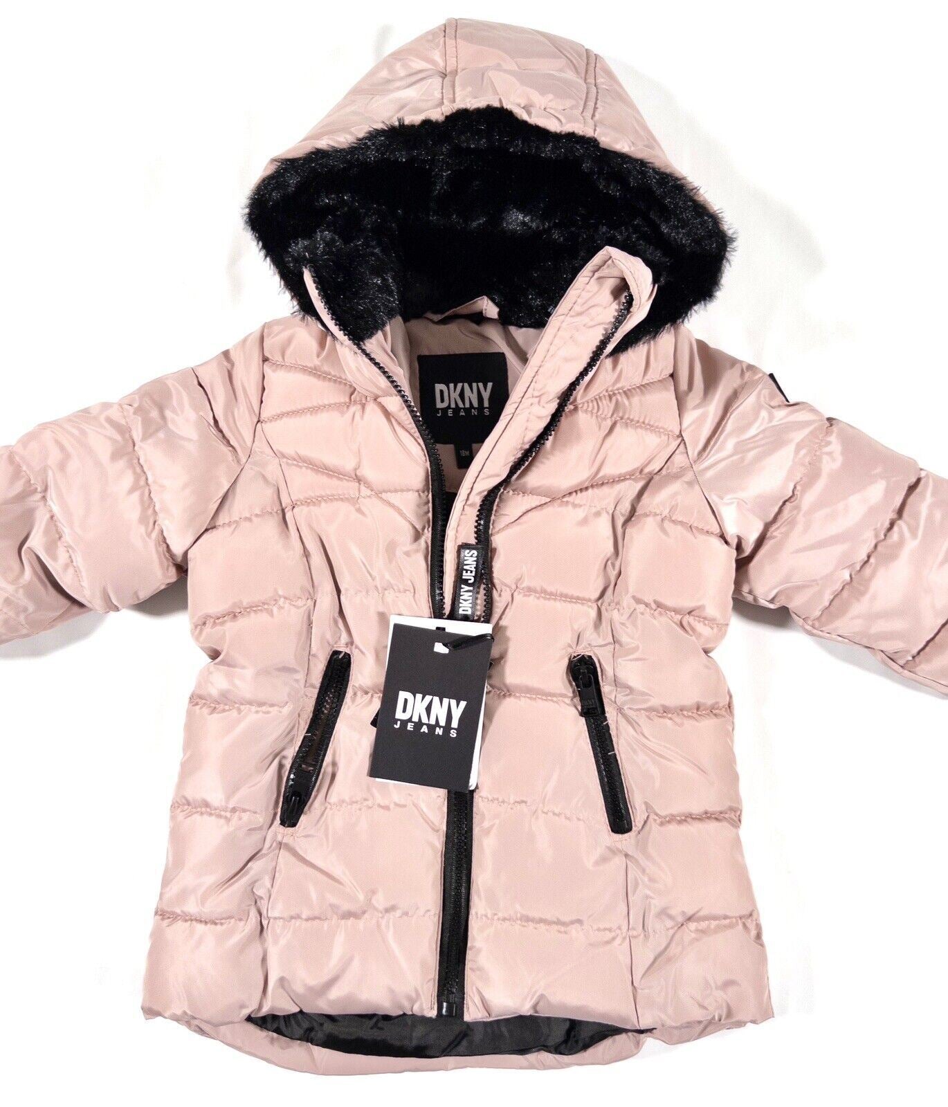 DKNY JEANS Baby Girl Pink Hooded Mid Length Coat Size UK 18 Months