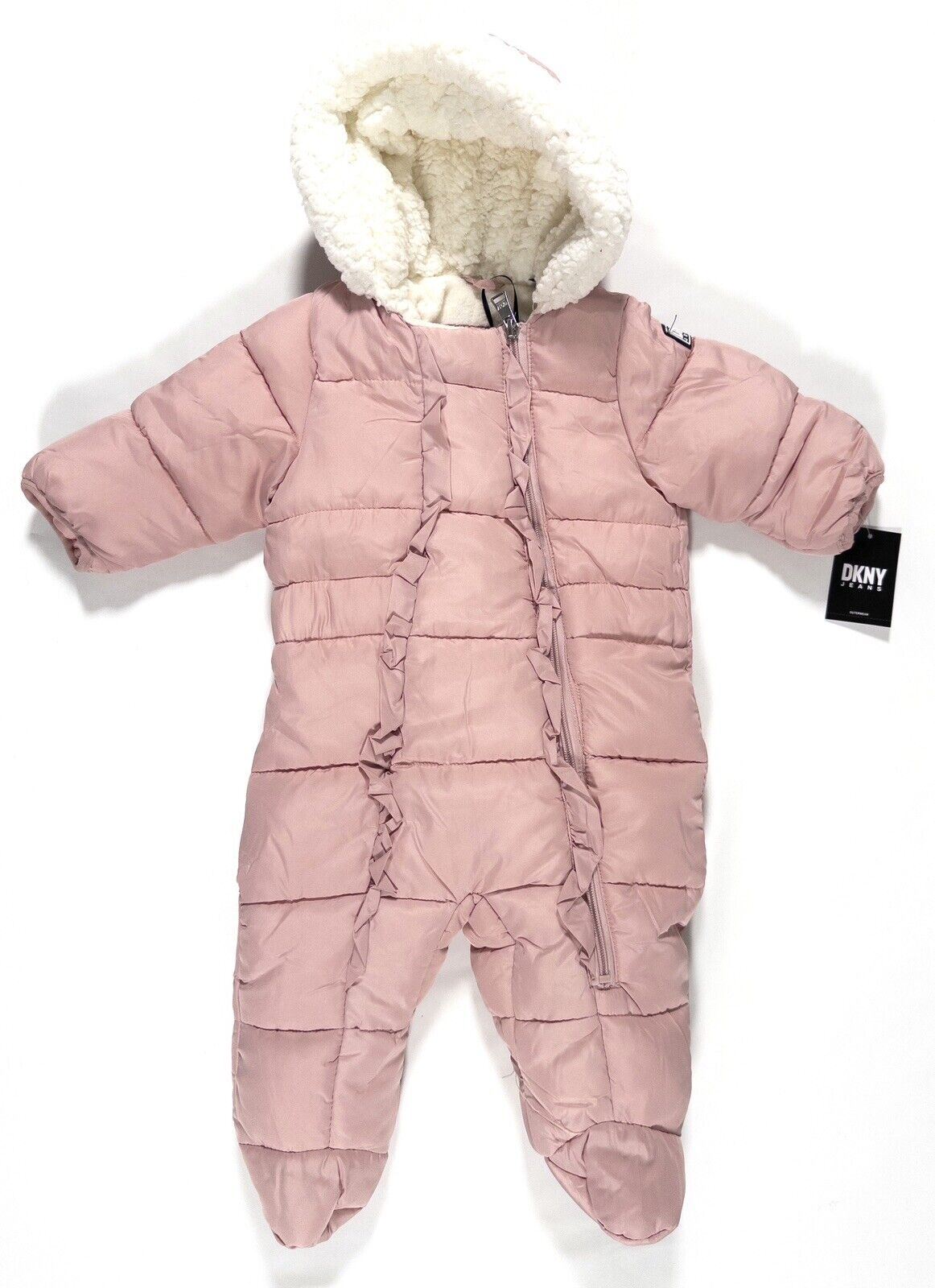 DKNY JEANS Baby Girls Pink Hooded Snowsuit All in one Size UK 6-9 Months